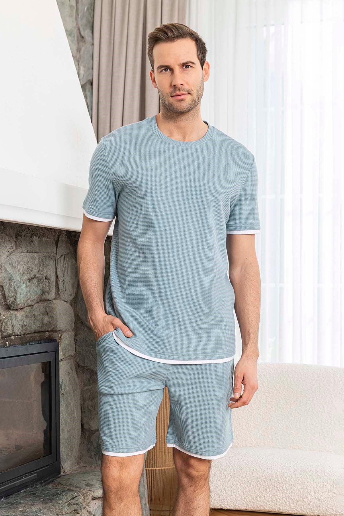 Erkek Kısa Kol Şort Biye Detay Waffle Kumaş Pijama Takımı 260102 Mint