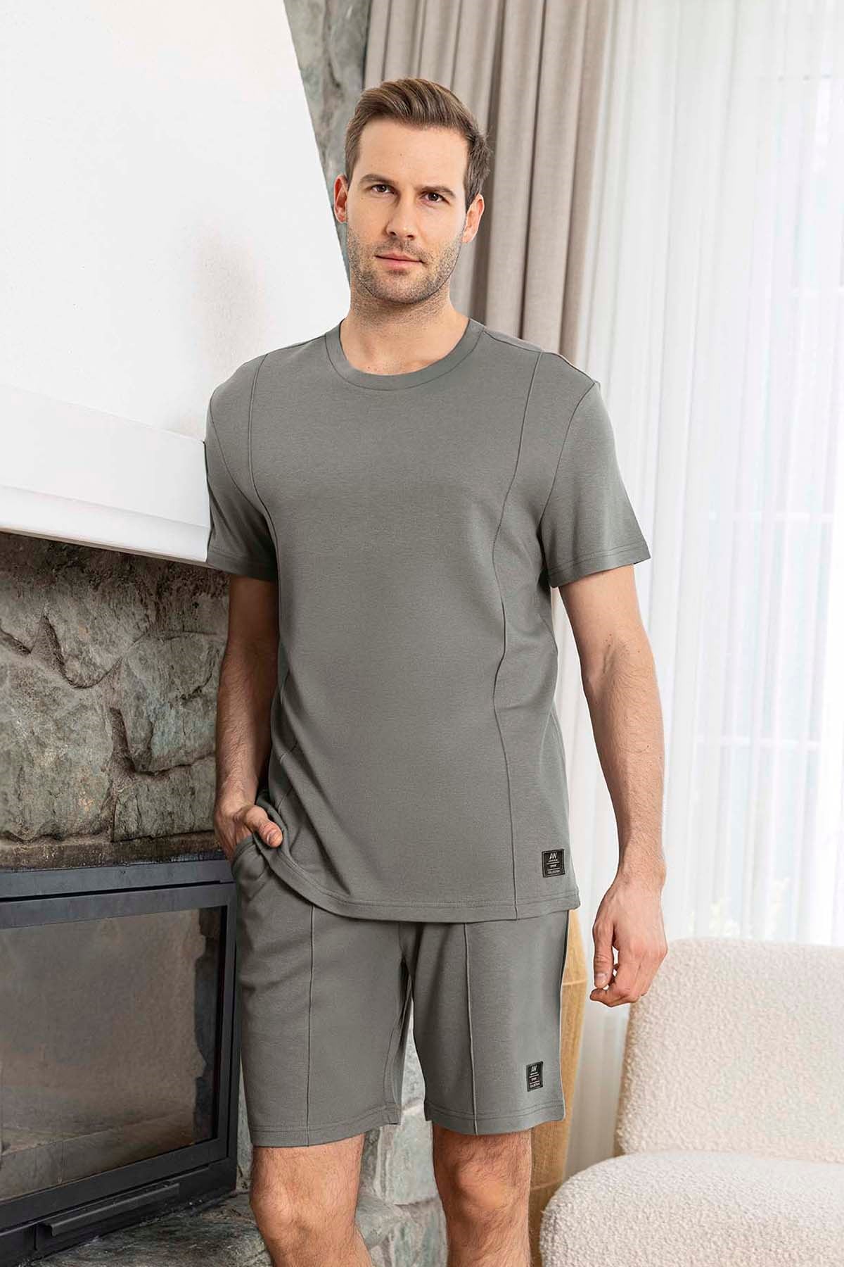 Erkek Kısa Kol Şortlu Bambu Pijama Takımı 260018 Haki