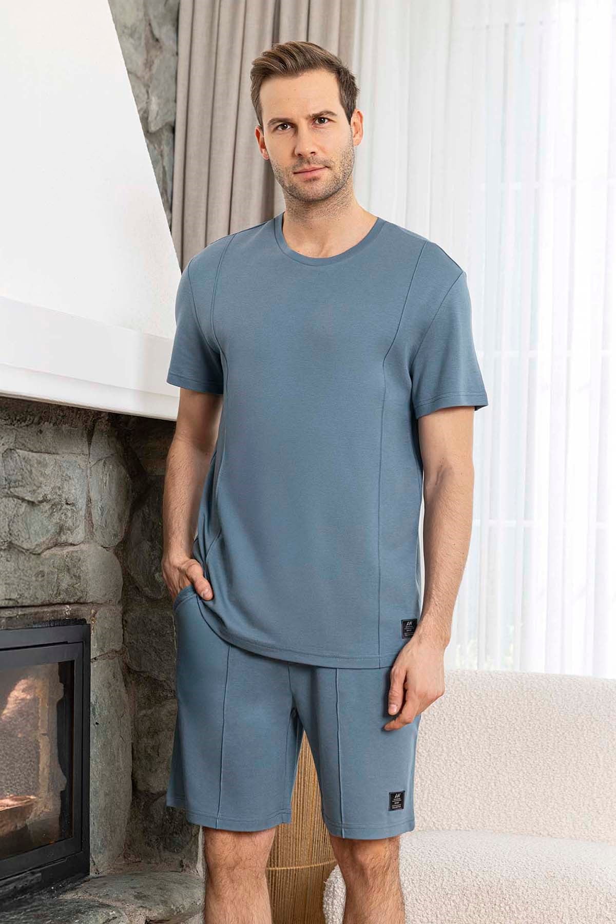 Erkek Kısa Kol Şortlu Bambu Pijama Takımı 260023 İndigo