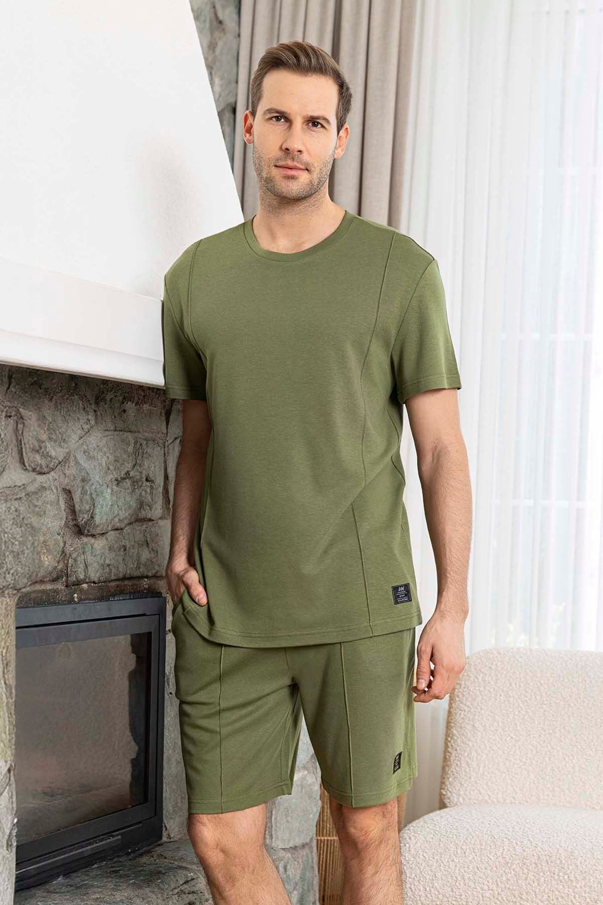Erkek Kısa Kol Şortlu Bambu Pijama Takımı 260021 Haki02