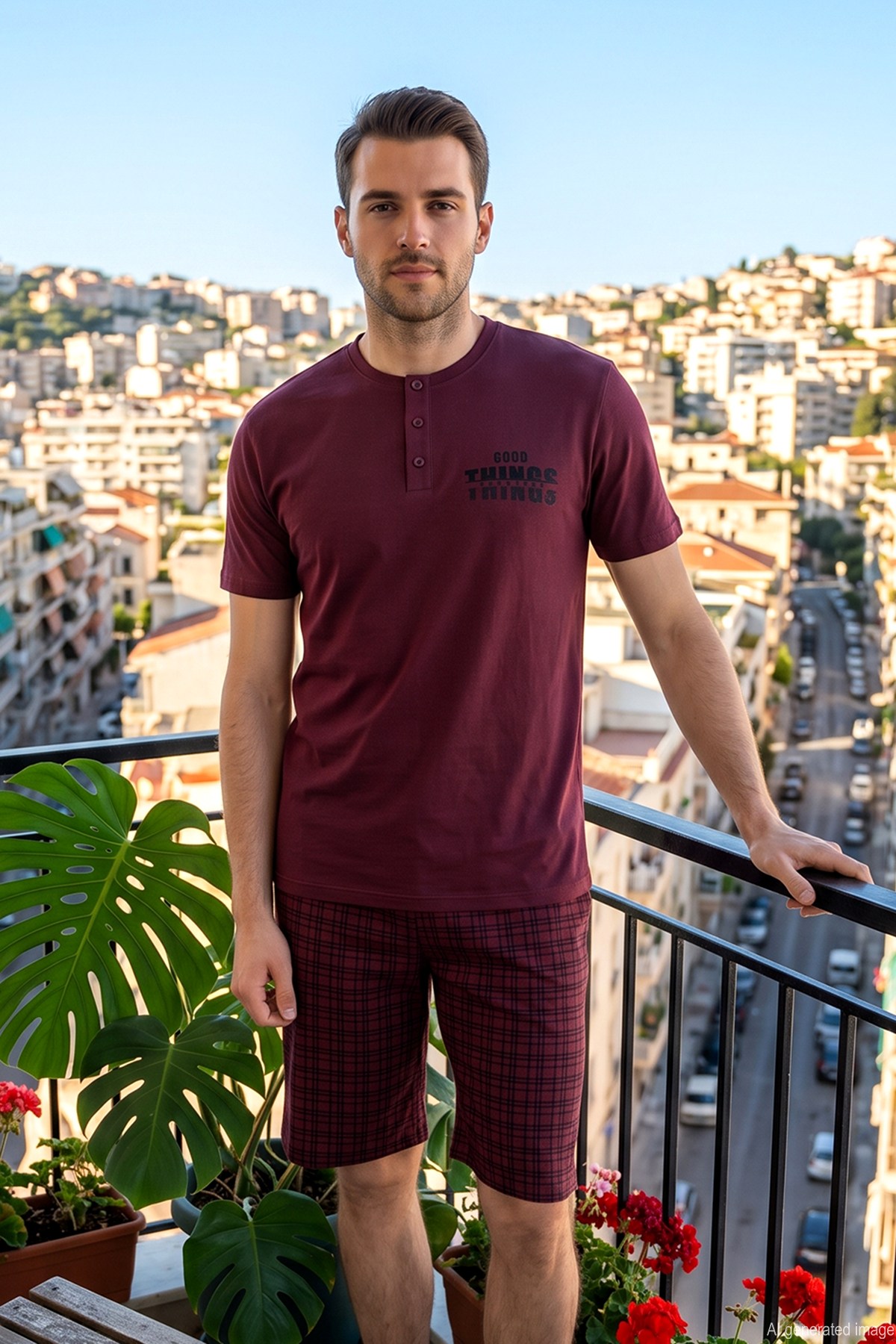 Erkek Kısa Kollu Şortlu Pamuklu Pijama Takımı 260006 Bordo