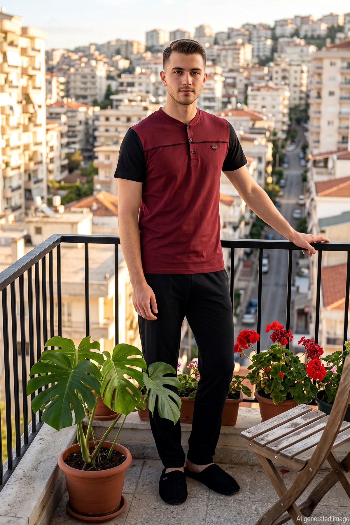 Erkek Önü Üç Düğmeli Kısa Kol Pijama Takımı 2353 Bordo01
