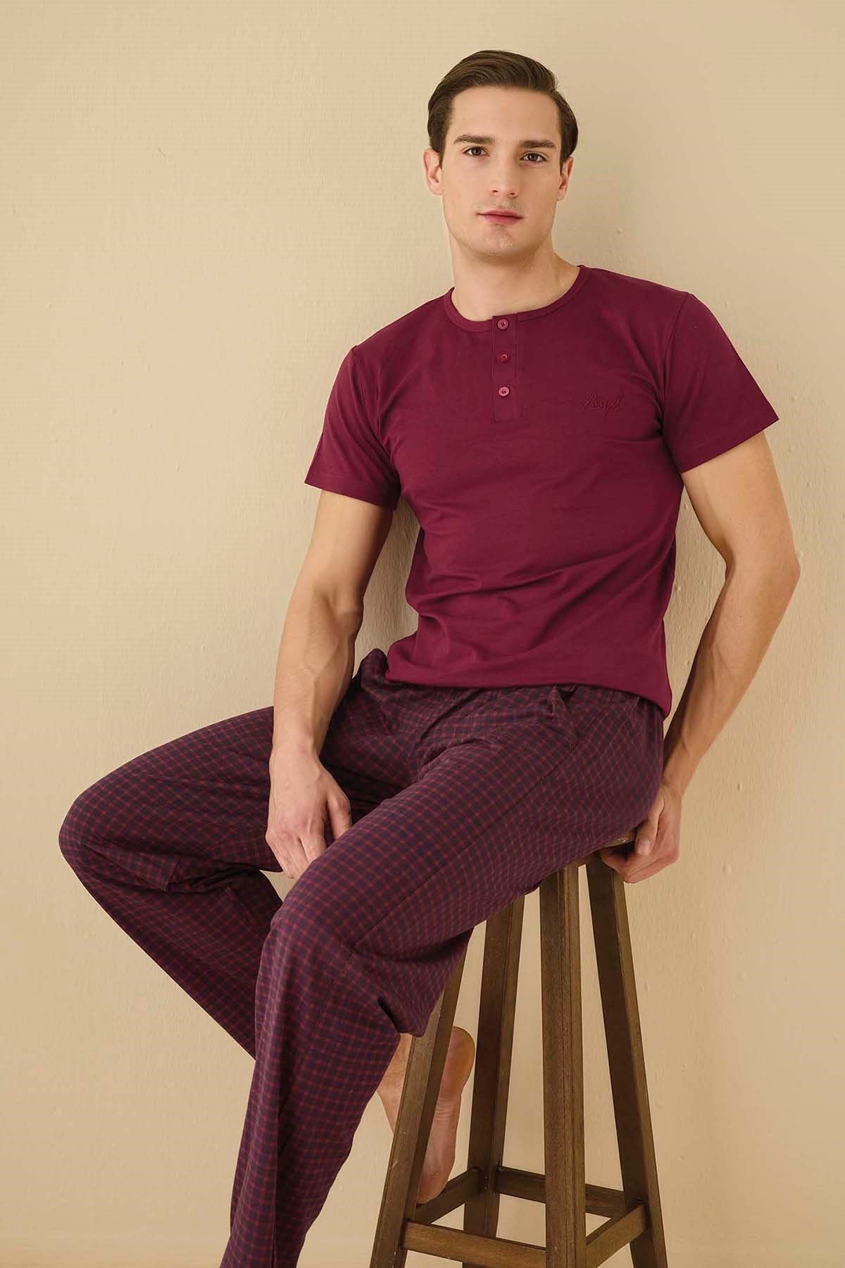 Erkek Önü Yarım Düğmeli Kısa Kol Modal Pijama Takımı 7978 Bordo