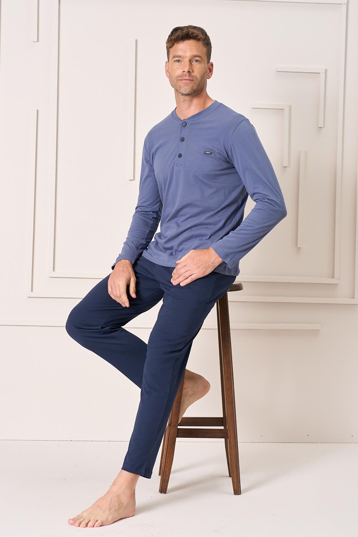 Erkek Pamuk Uzun Kol Pijama Takımı 4103 İndigo