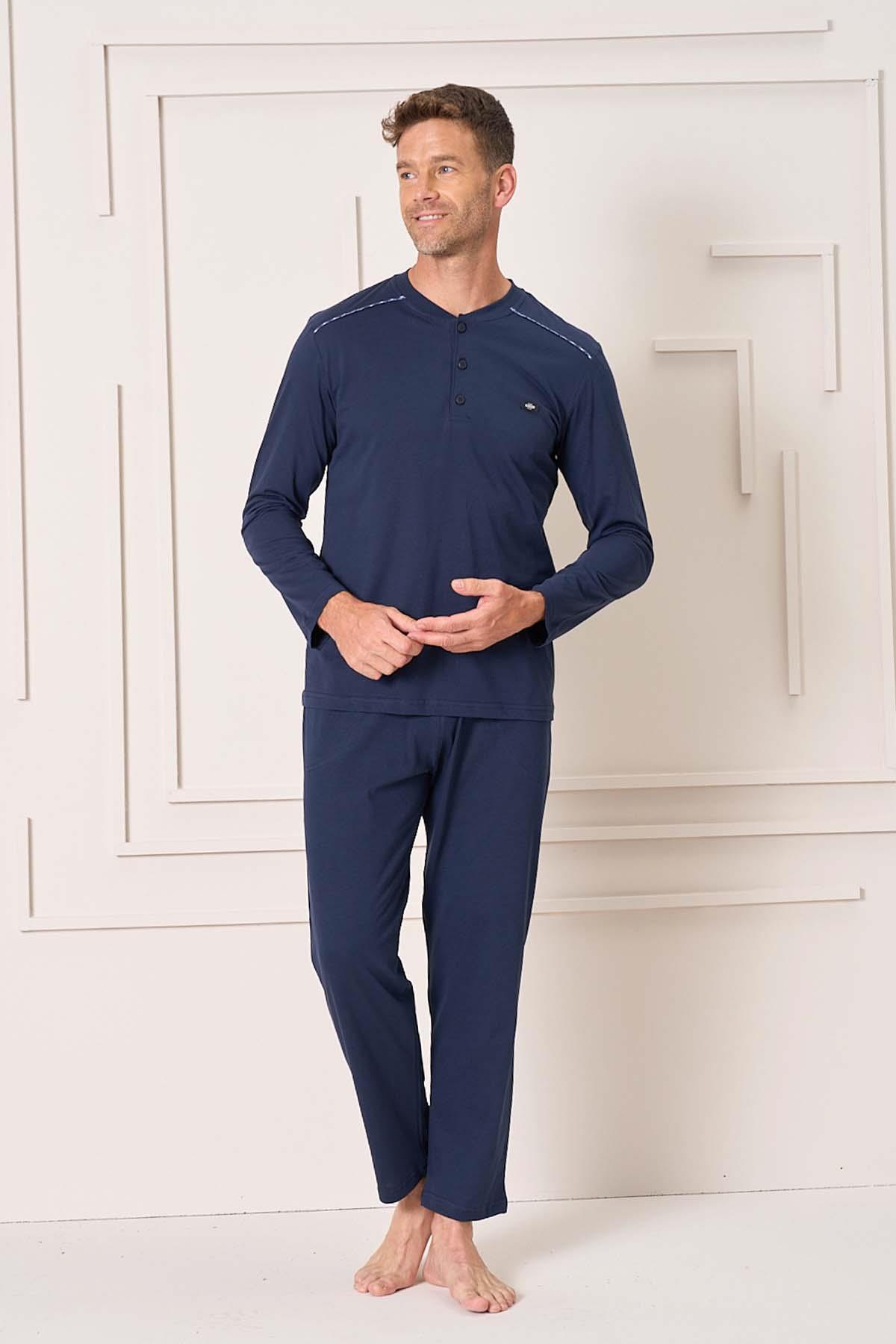 Erkek Pamuk Uzun Kol Pijama Takımı 4101 Lacivert01
