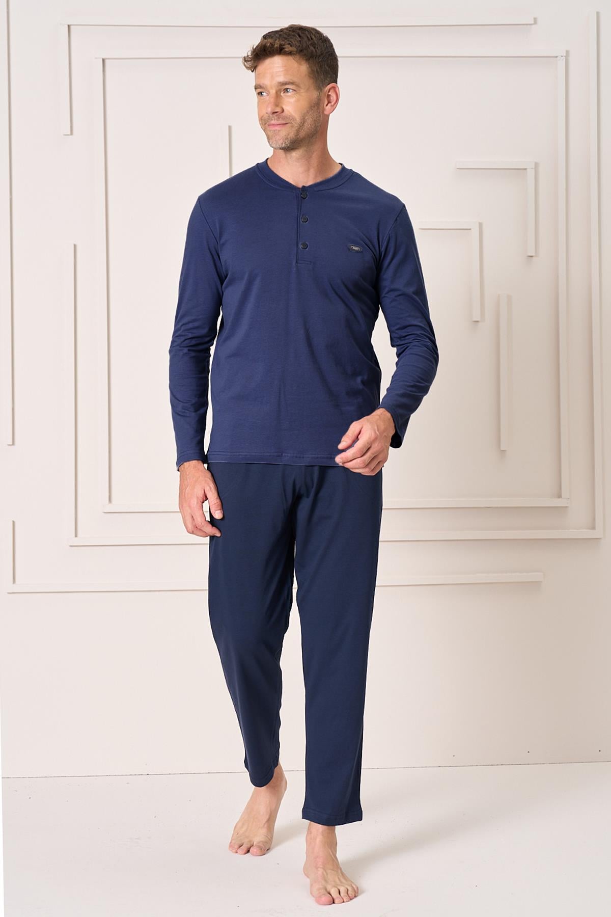 Erkek Pamuk Uzun Kol Pijama Takımı 4109 Lacivert