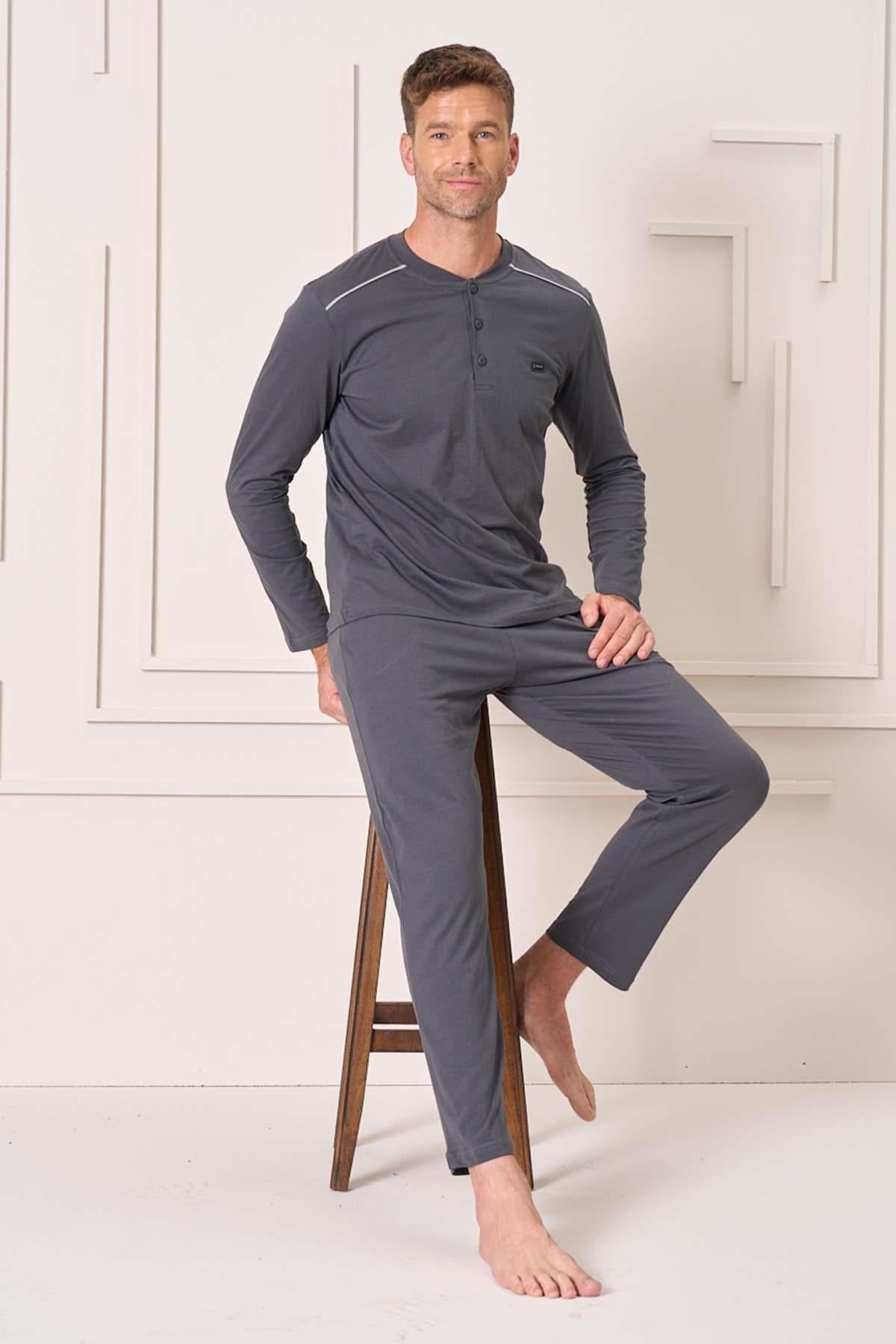Erkek Pamuk Uzun Kol Pijama Takımı 4108 Füme