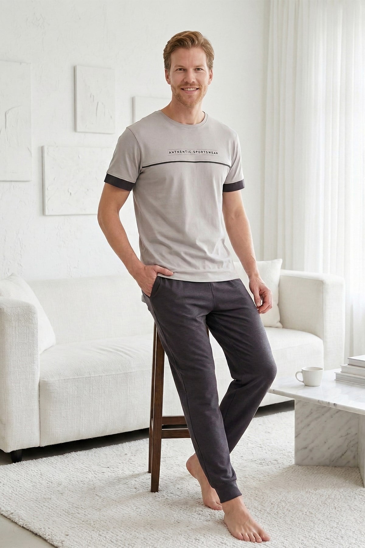Erkek Penye Kısa Kol Pijama Takımı 2330 Taş