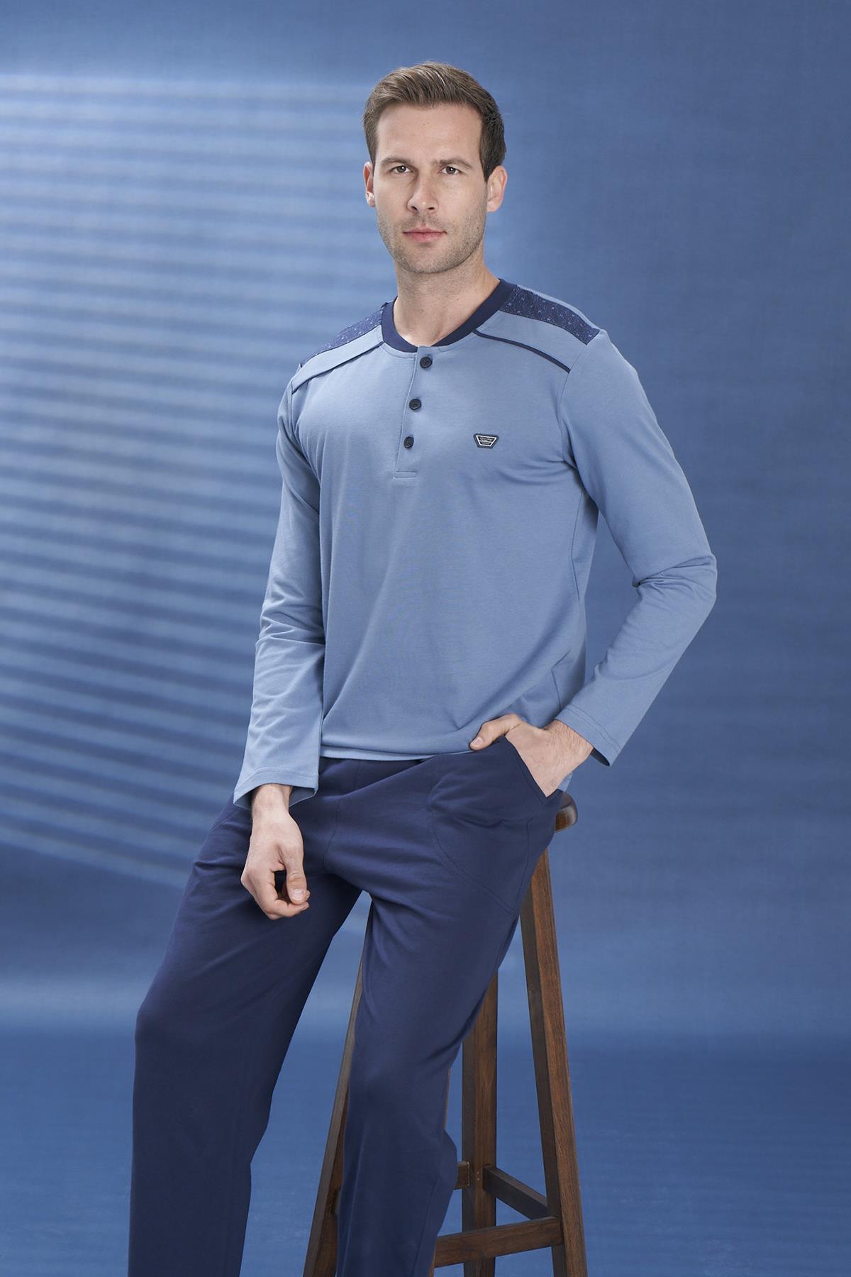 Erkek Penye Uzun Kol Pijama Takımı 2111 İndigo01