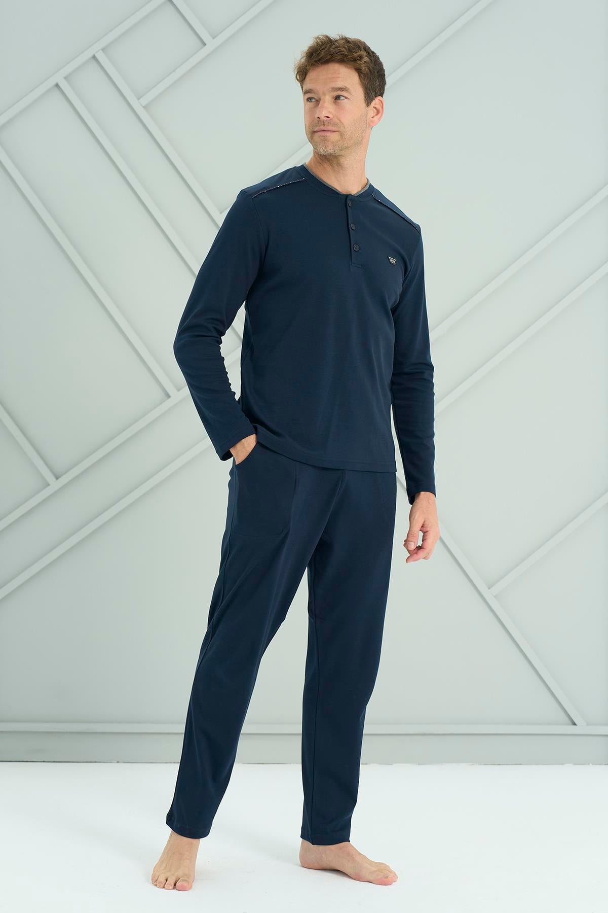 Erkek Penye Uzun Kol Pijama Takımı 2209 Lacivert04