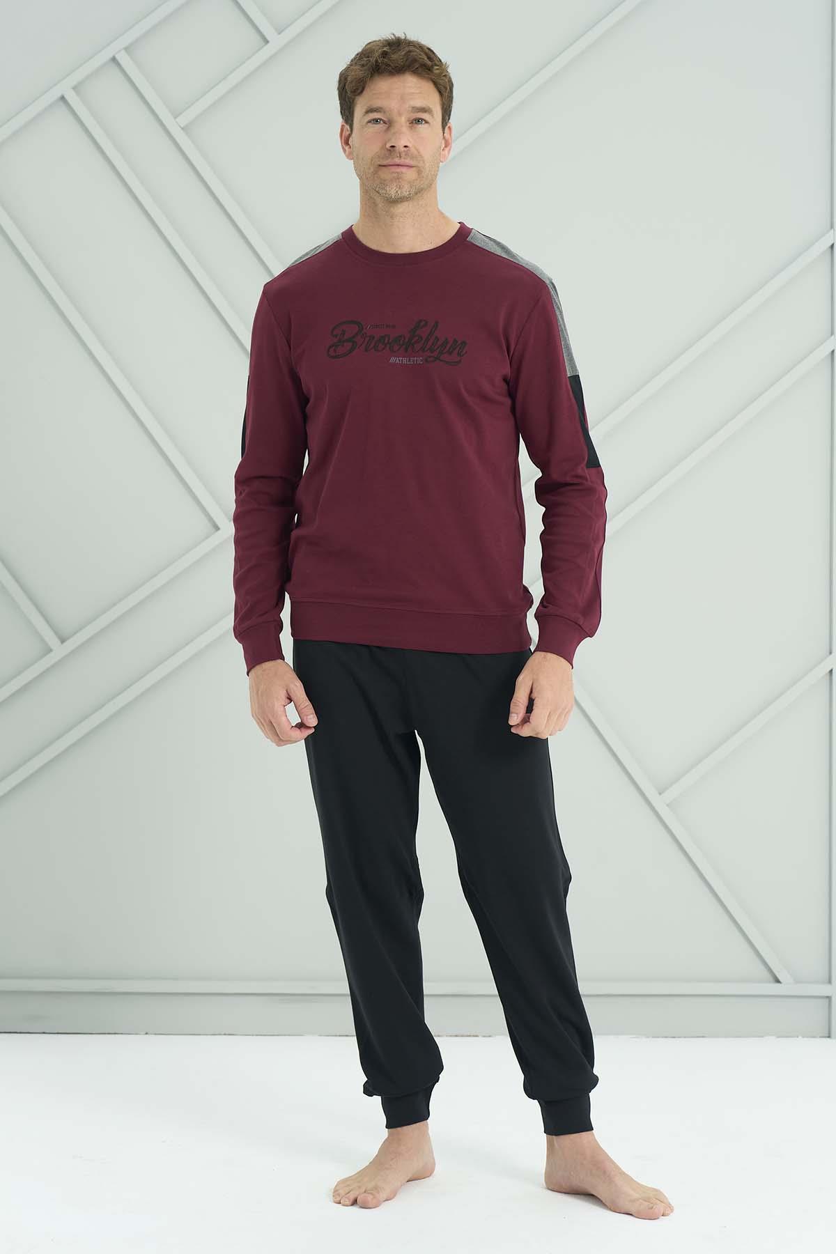 Erkek Penye Uzun Kol Pijama Takımı 2225 Bordo01