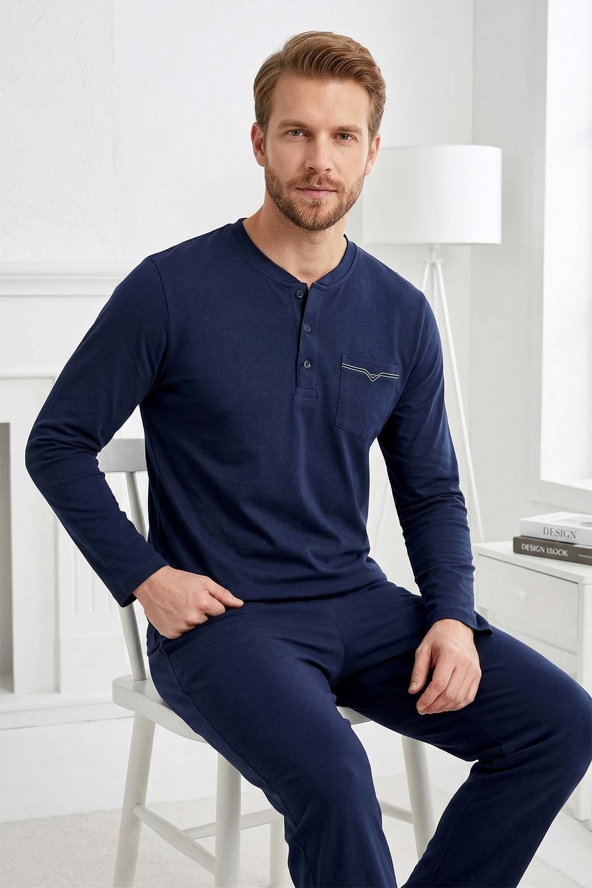 Erkek Penye Uzun Kol Süprem Pijama Takımı 2302 Lacivert01