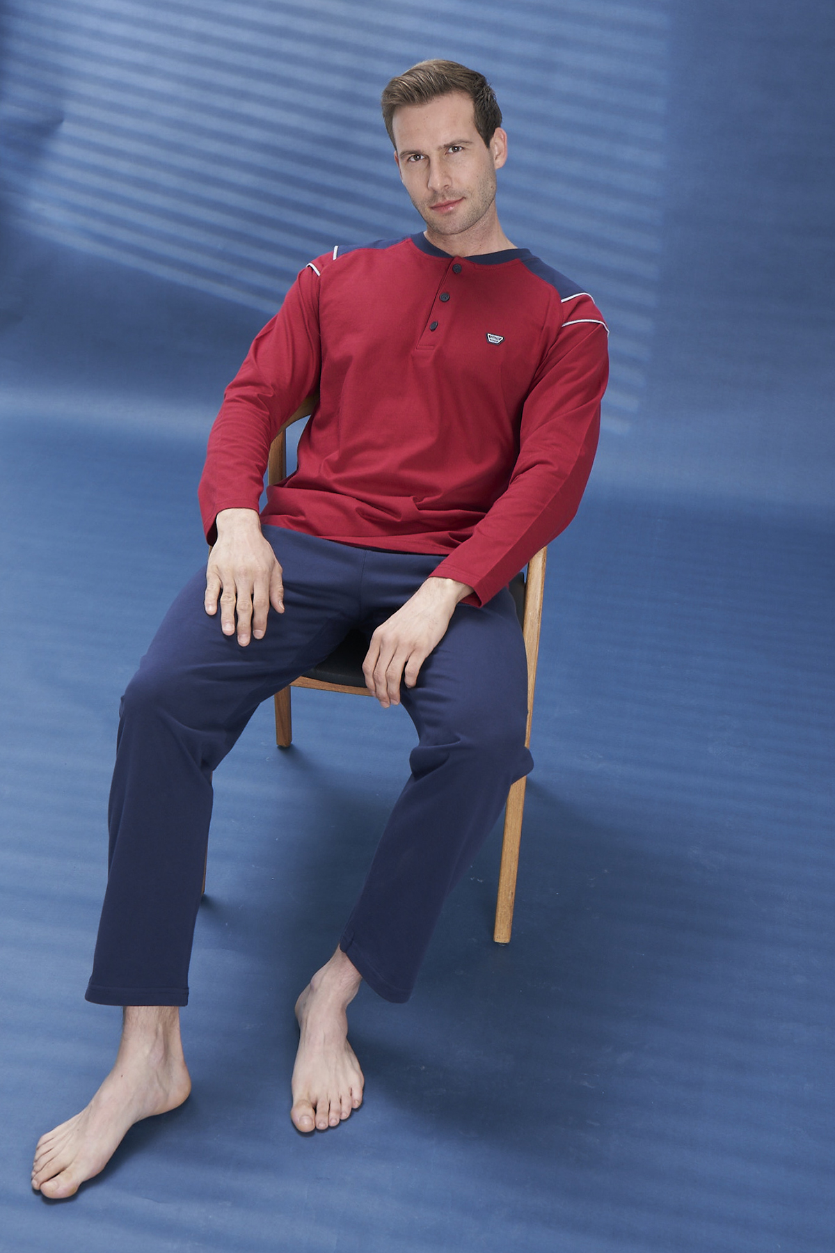 Erkek Penye Yarım Düğme Detay Uzun Kol Pijama Takımı 2134 Bordo05