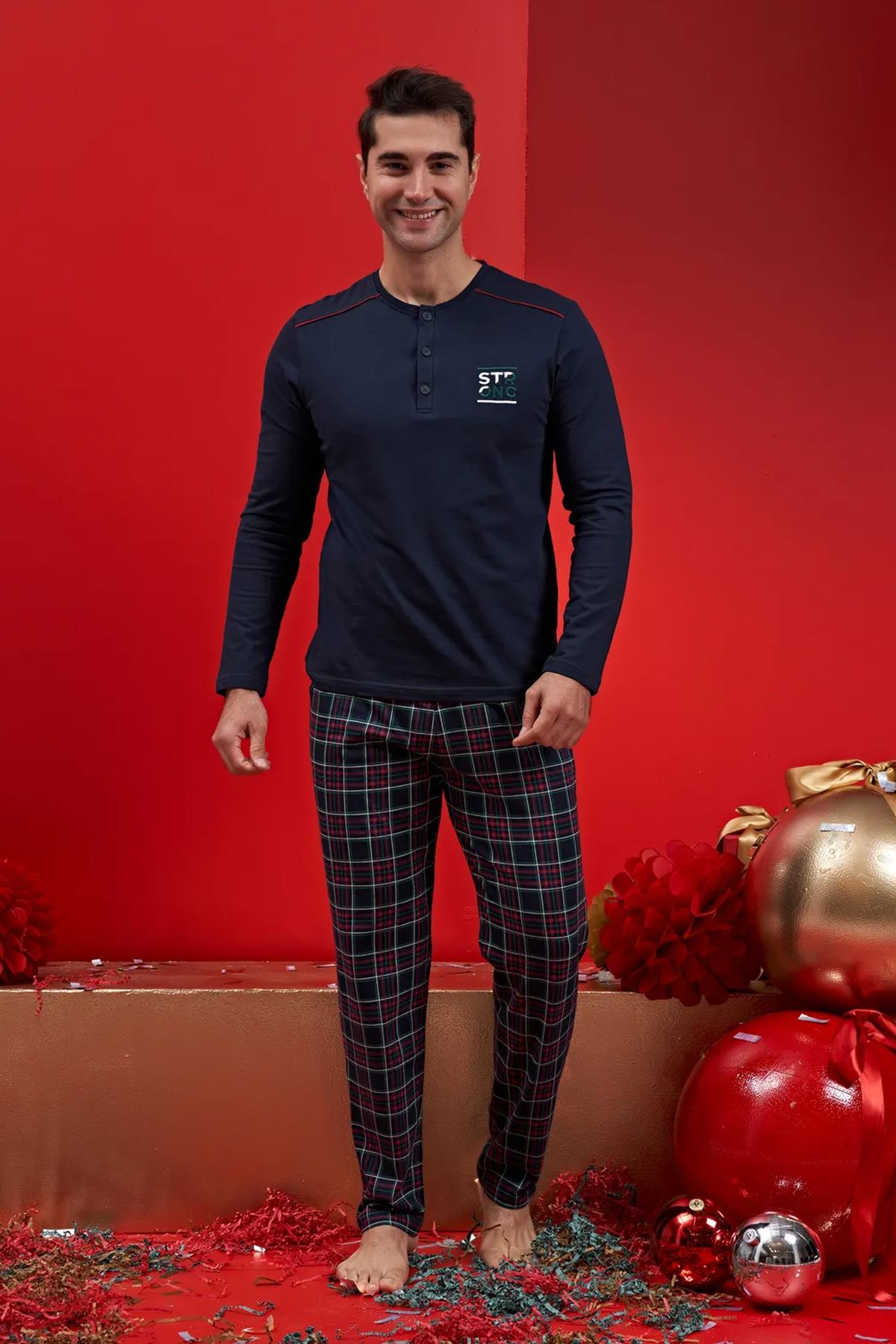 Erkek Şardonlu Penye Pijama Takımı 1585 Lacivert