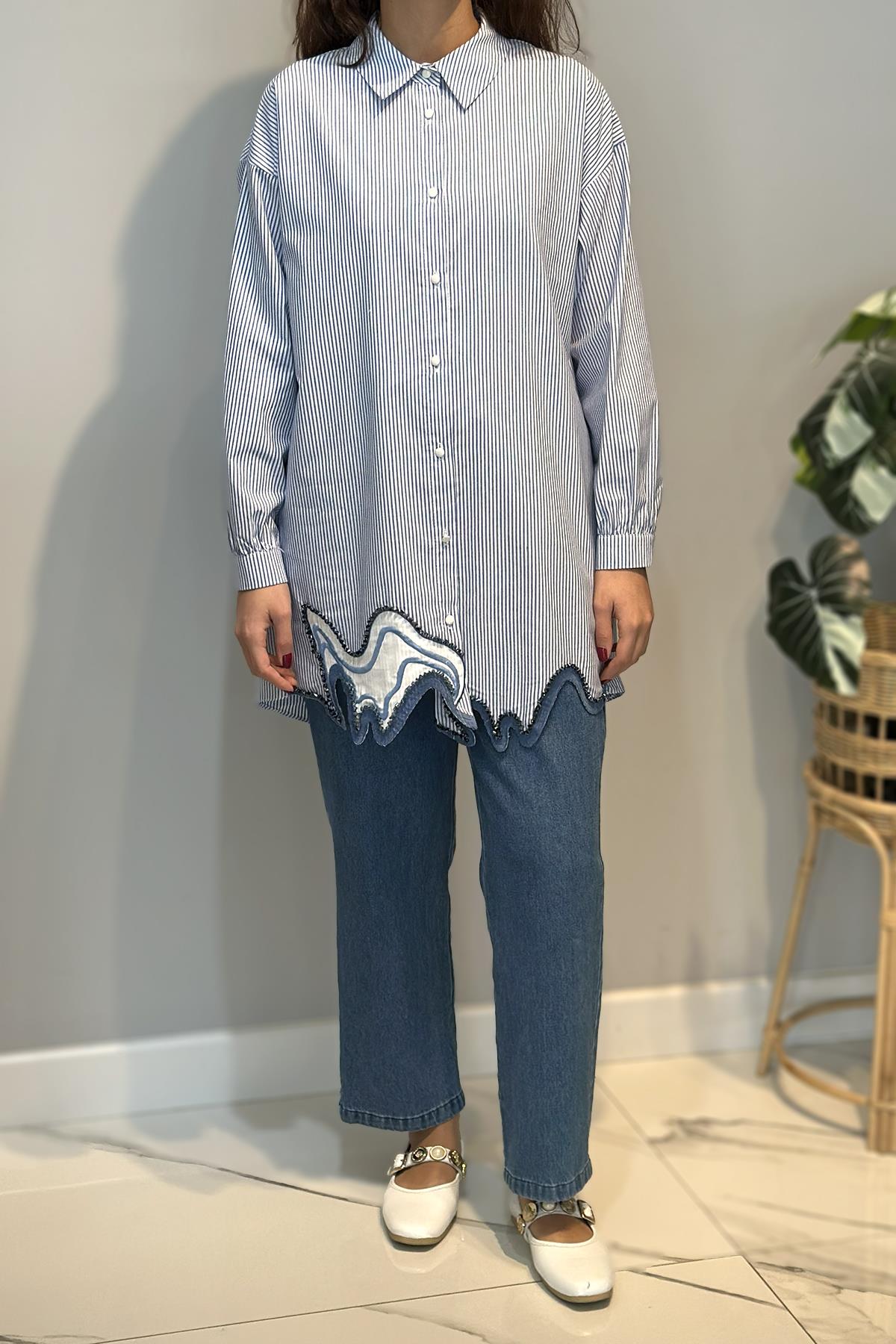 Eteği Taş Detay Çizgili Gömlek Tunik 19381 Mavi