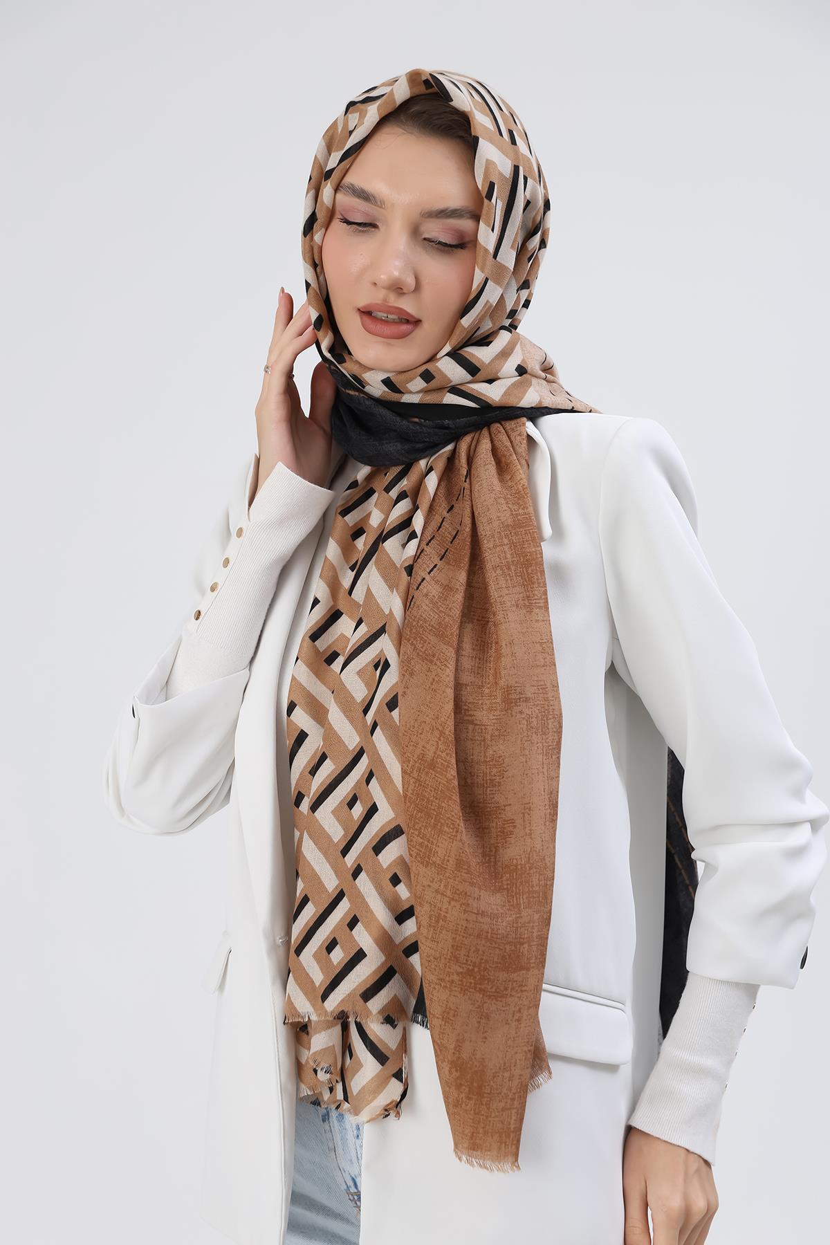 Etnik Desen Kadın Şal 5094 Ekru
