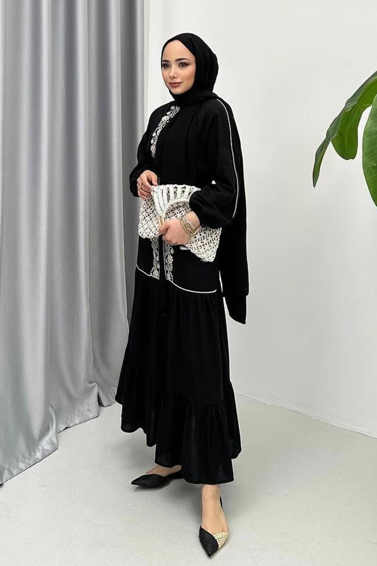 Etnik Müslin Elbise 8223 Siyah