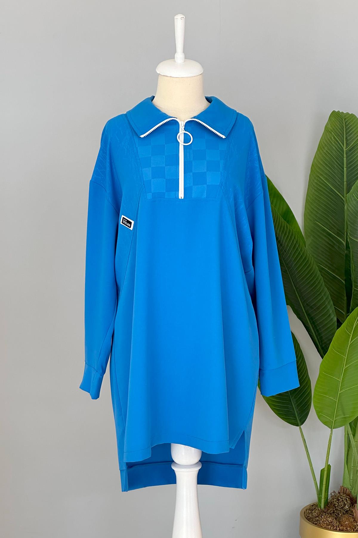 Fermuarlı Basic Tunik Sweat 10441 Mavi