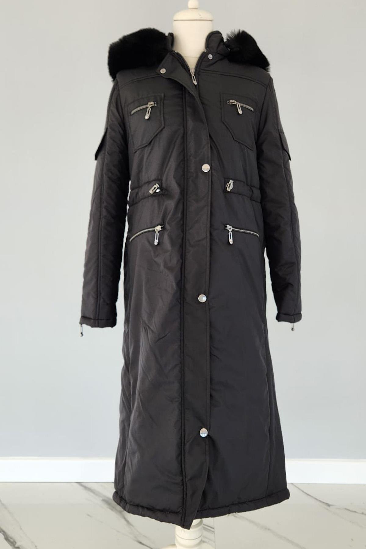 Fermuarlı Kürk Kapüşon Cep Detaylı Mont 17756 Endiva Kaban Siyah