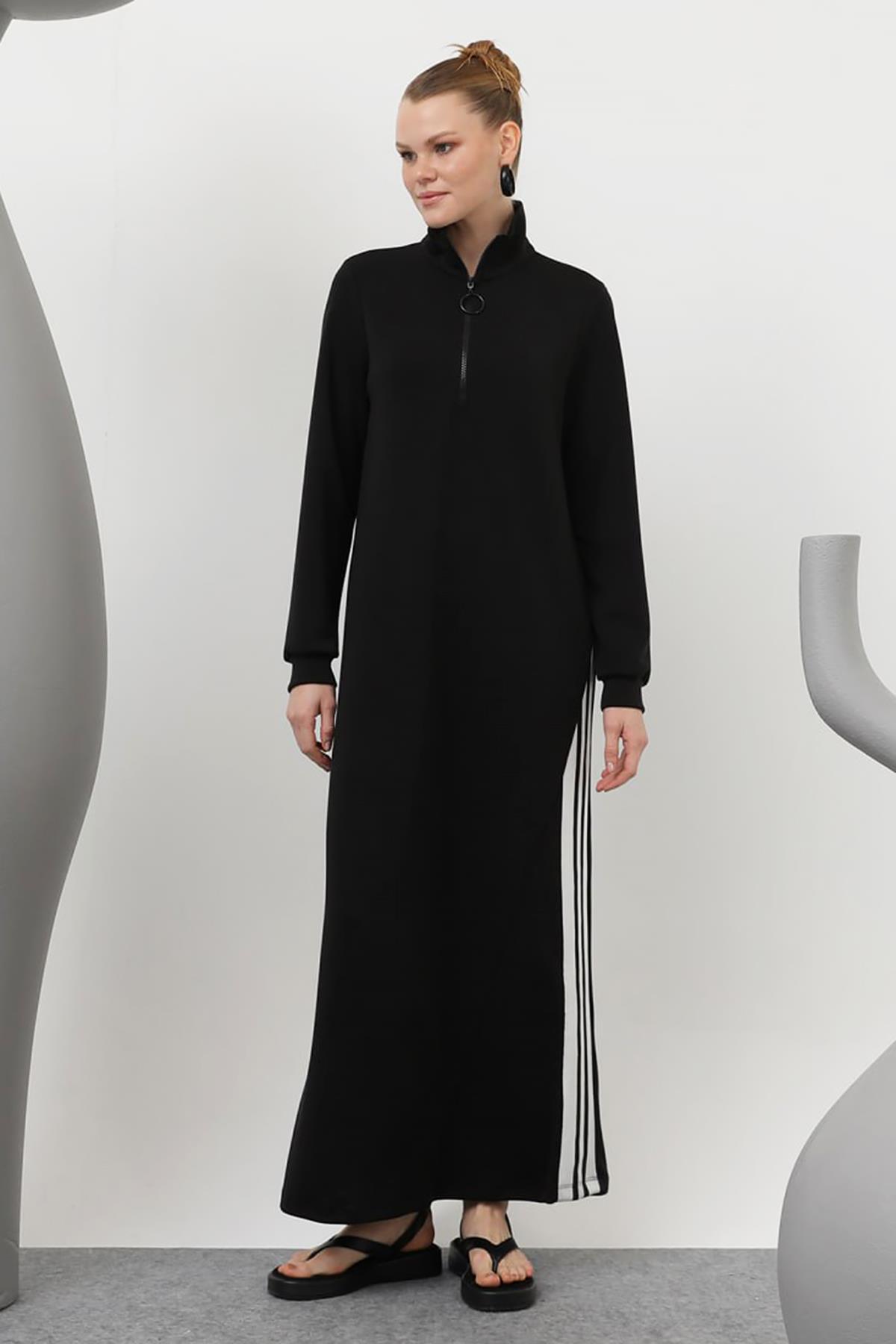 Fermuarlı Şerit Detaylı Modal Elbise 20600 Siyah