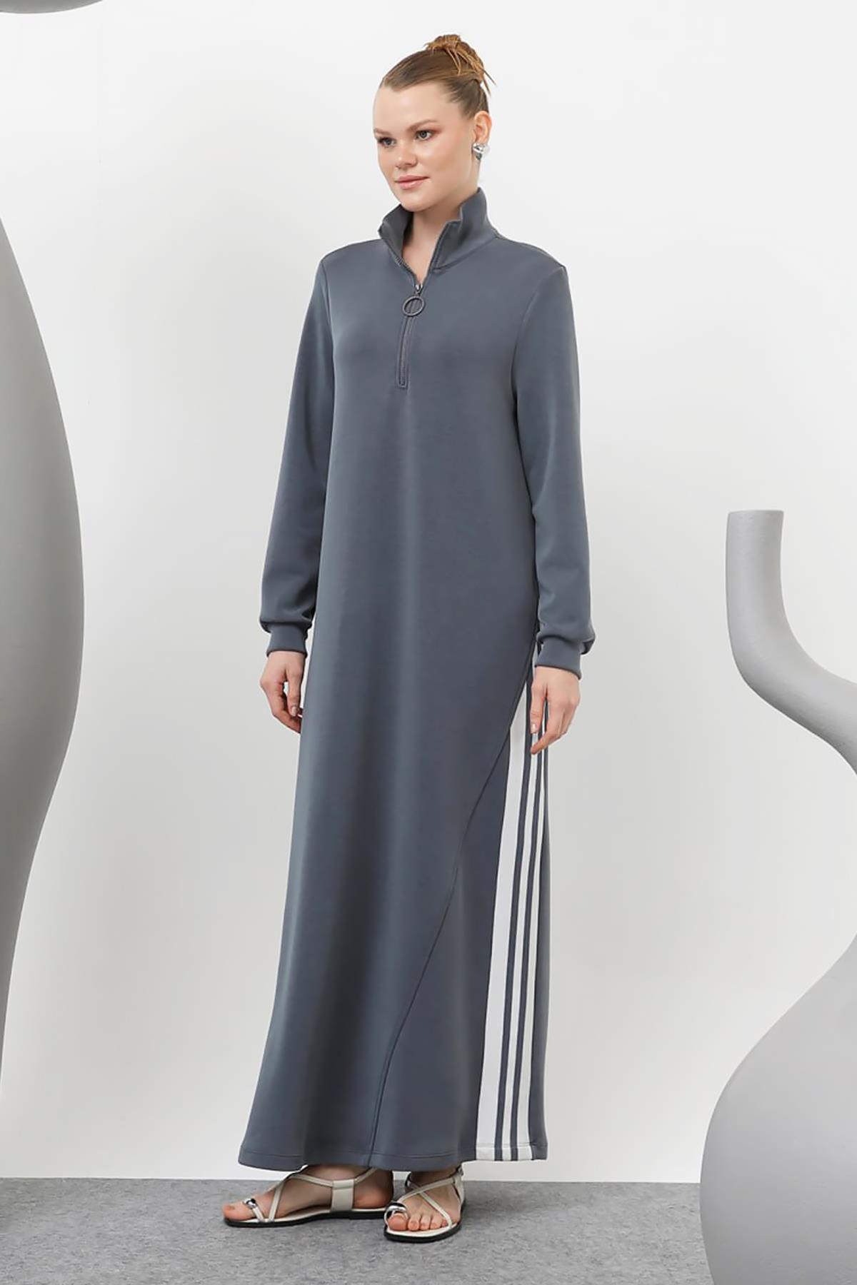 Fermuarlı Şerit Detaylı Modal Elbise 20600 İndigo