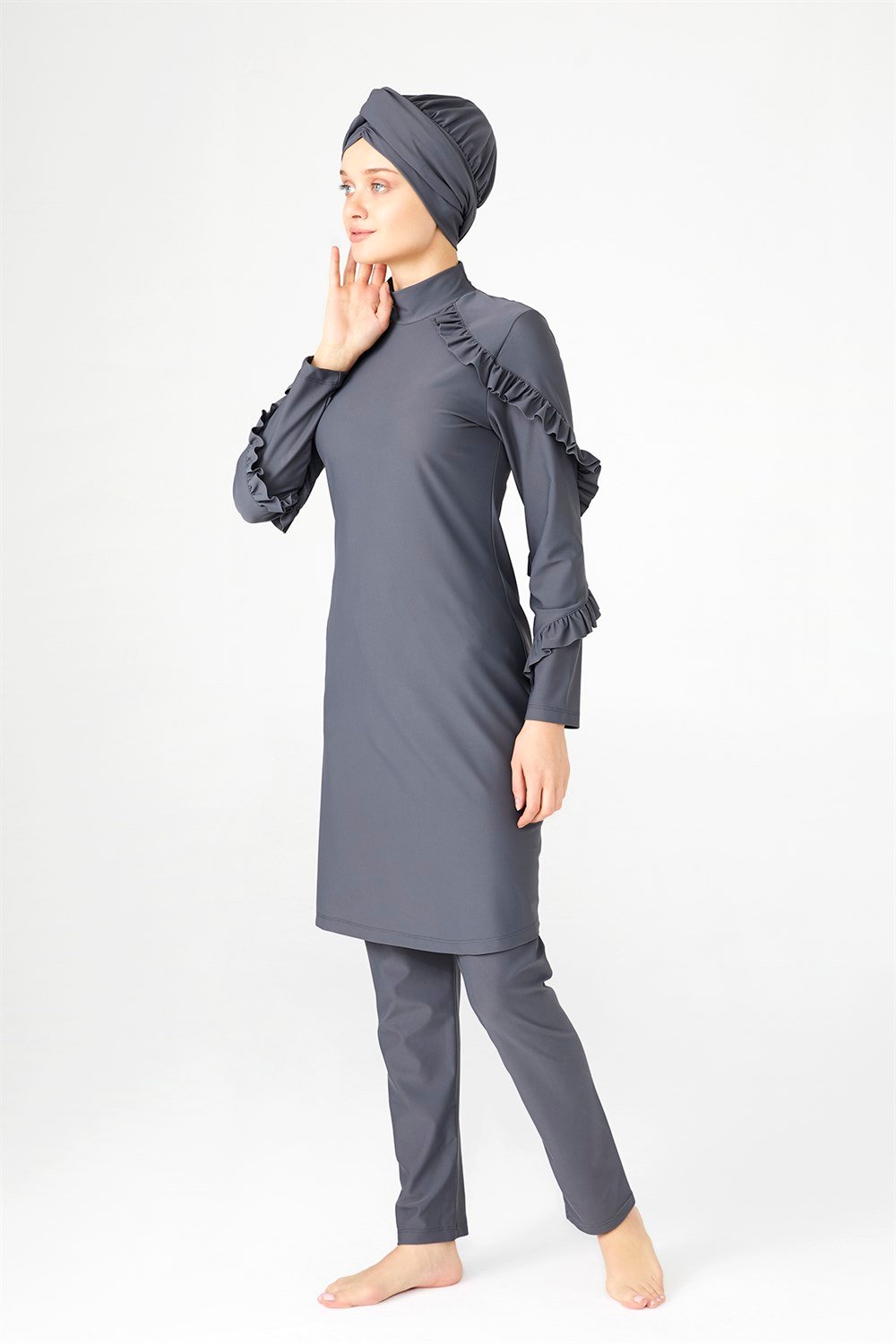 Fırfır Tasarım Likralı Tam Kapalı Tesettür Mayo Fırfır Adasea 4104 Gri