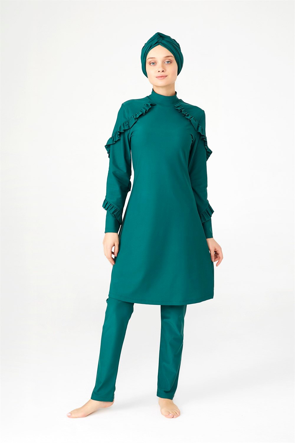 Fırfır Tasarım Likralı Tam Kapalı Tesettür Mayo Fırfır Adasea 4104 Yeşil