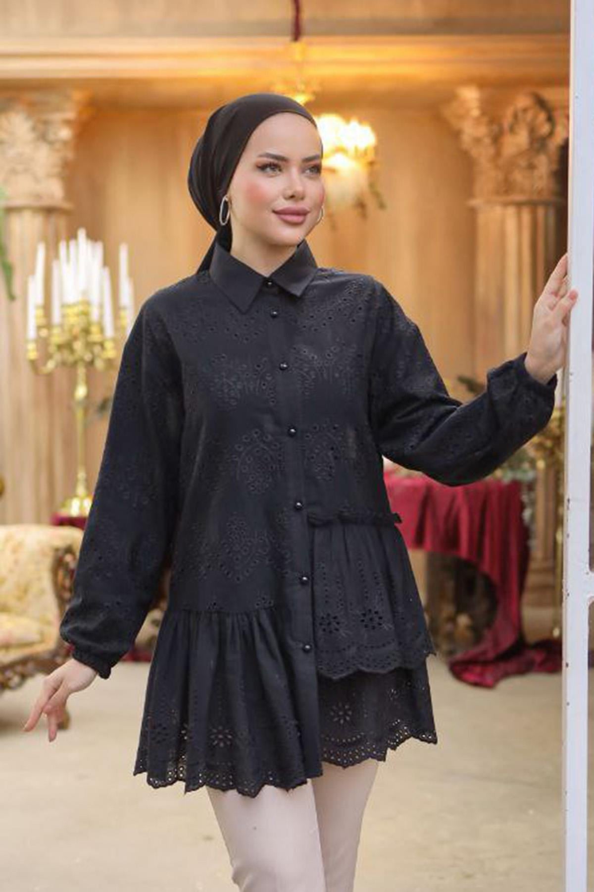 Fisto Tunik Fırfır Detaylı Gömlek 1376 Siyah