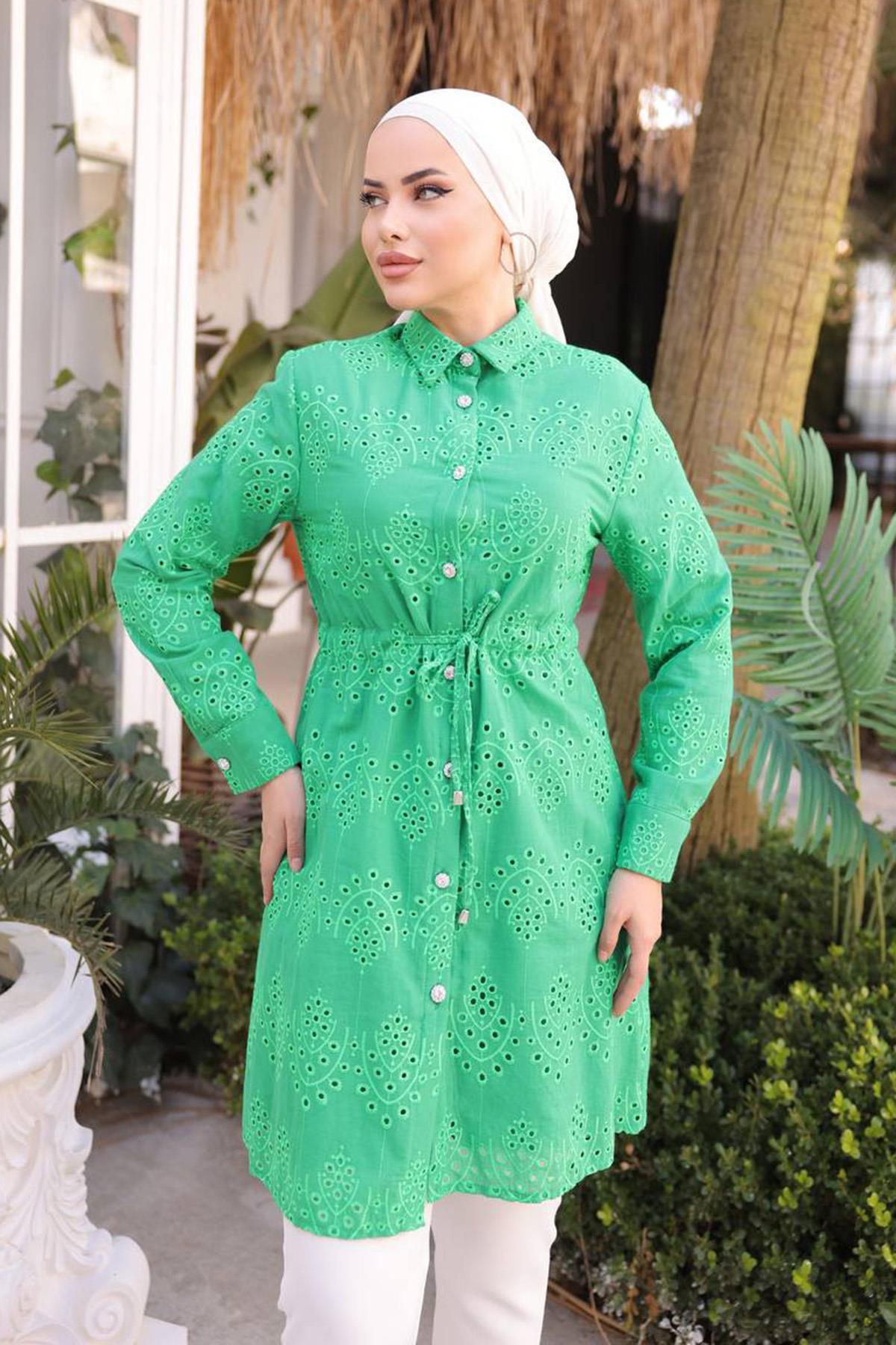 Fisto Tunik Taş Düğme Detaylı Gömlek 1415 Yeşil