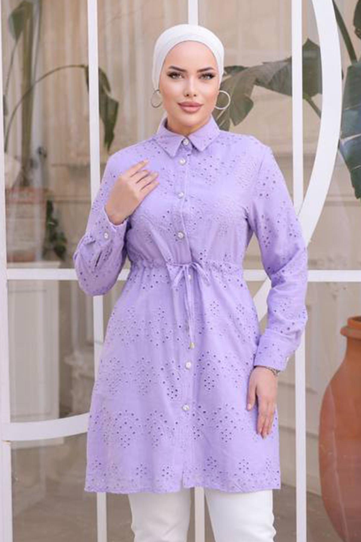 Fisto Tunik Taş Düğme Detaylı Gömlek 1415 Lila