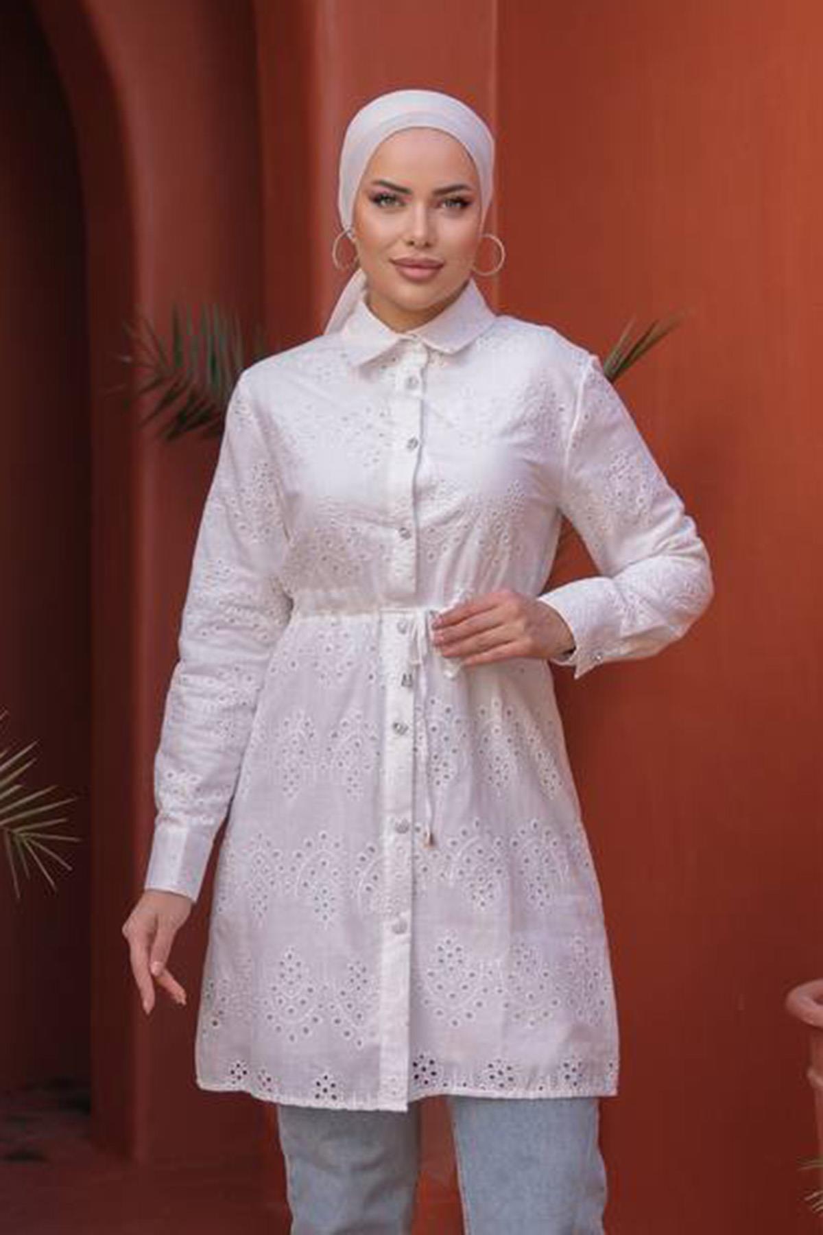 Fisto Tunik Taş Düğme Detaylı Gömlek 1415 Ekru