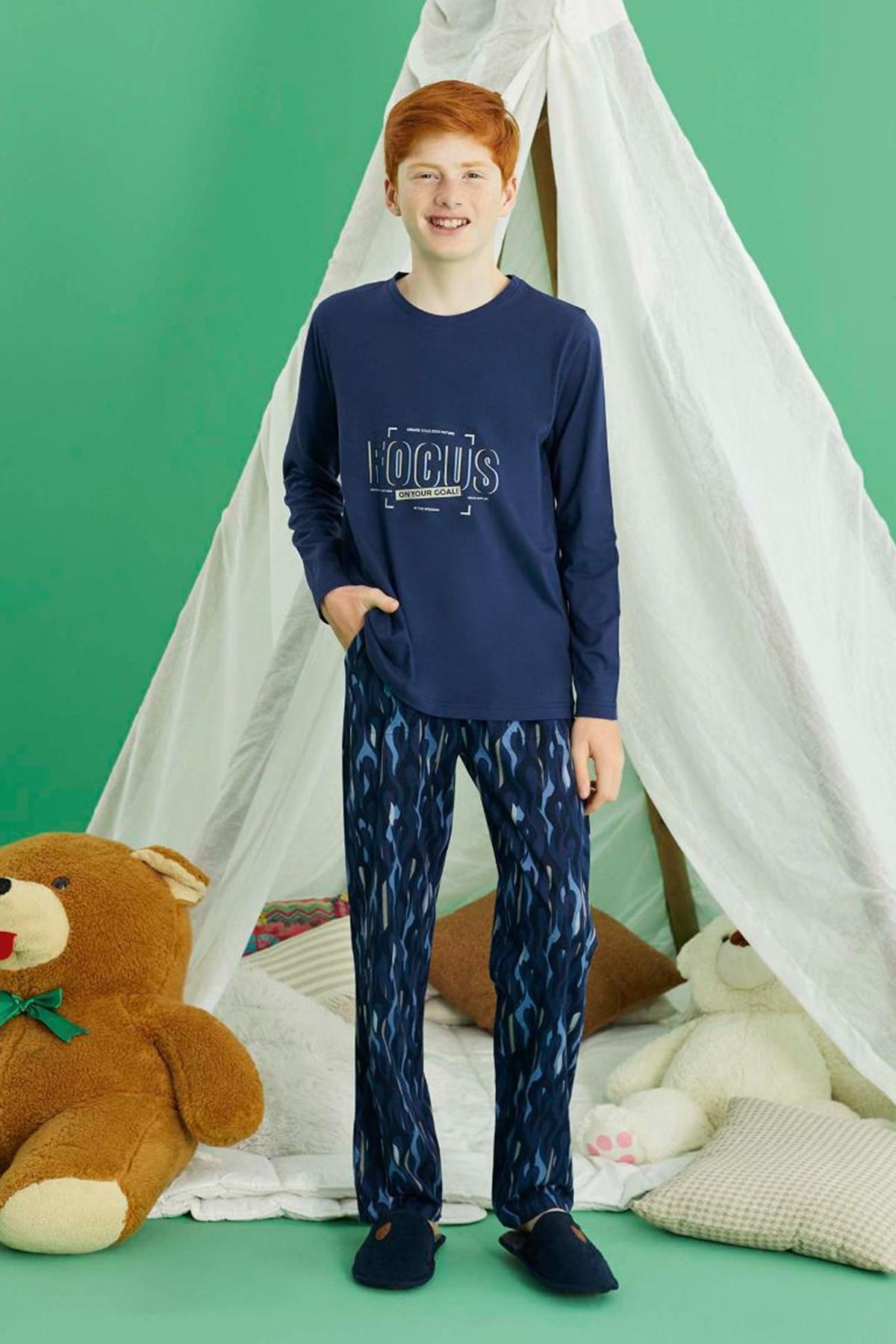 Genç Erkek Aydoğan Pamuklu Pijama Takımı 240776 Lacivert