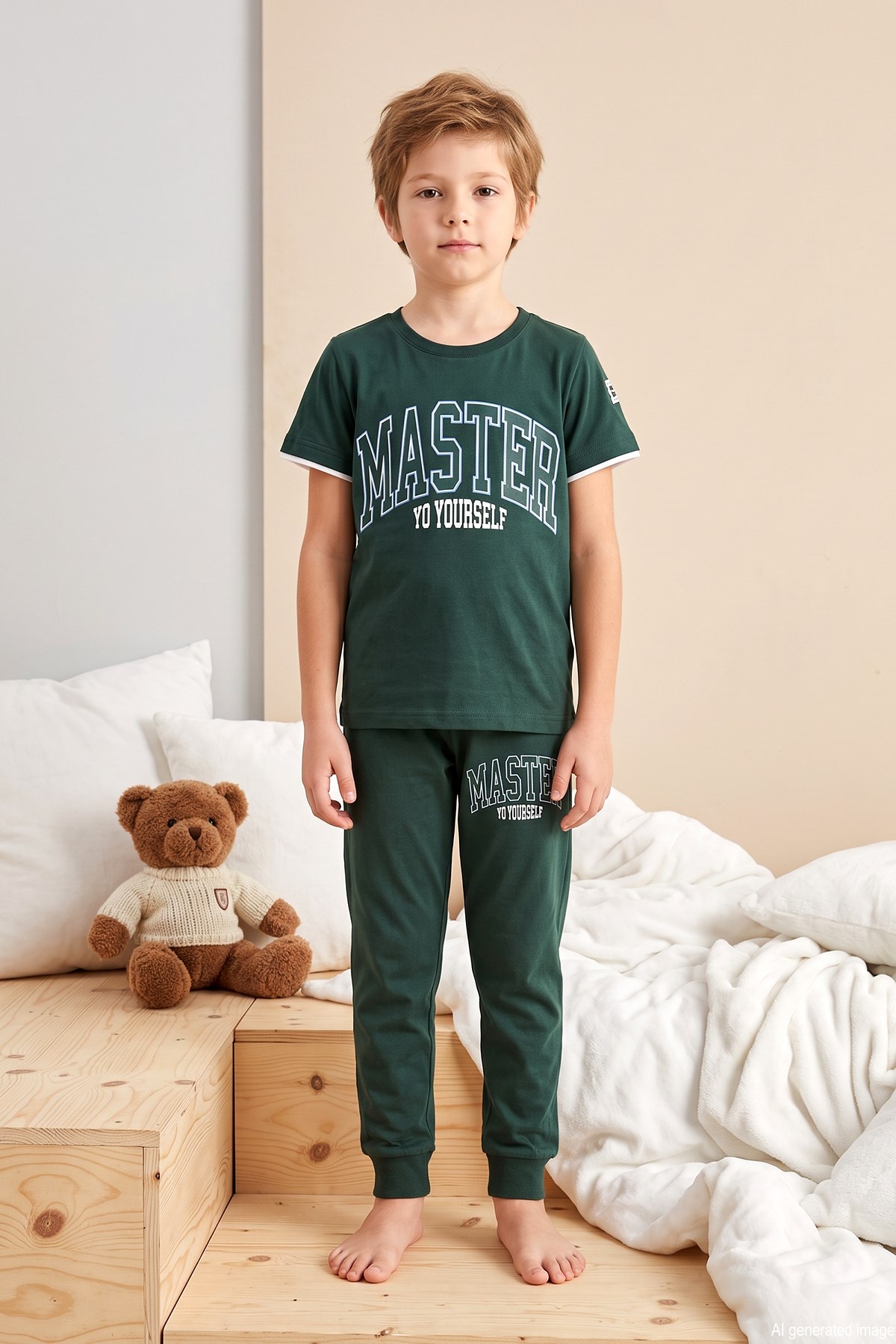 Genç Erkek Çocuk Kısa Kol Şortlu Pijama Takımı 3617 Zümrüt01