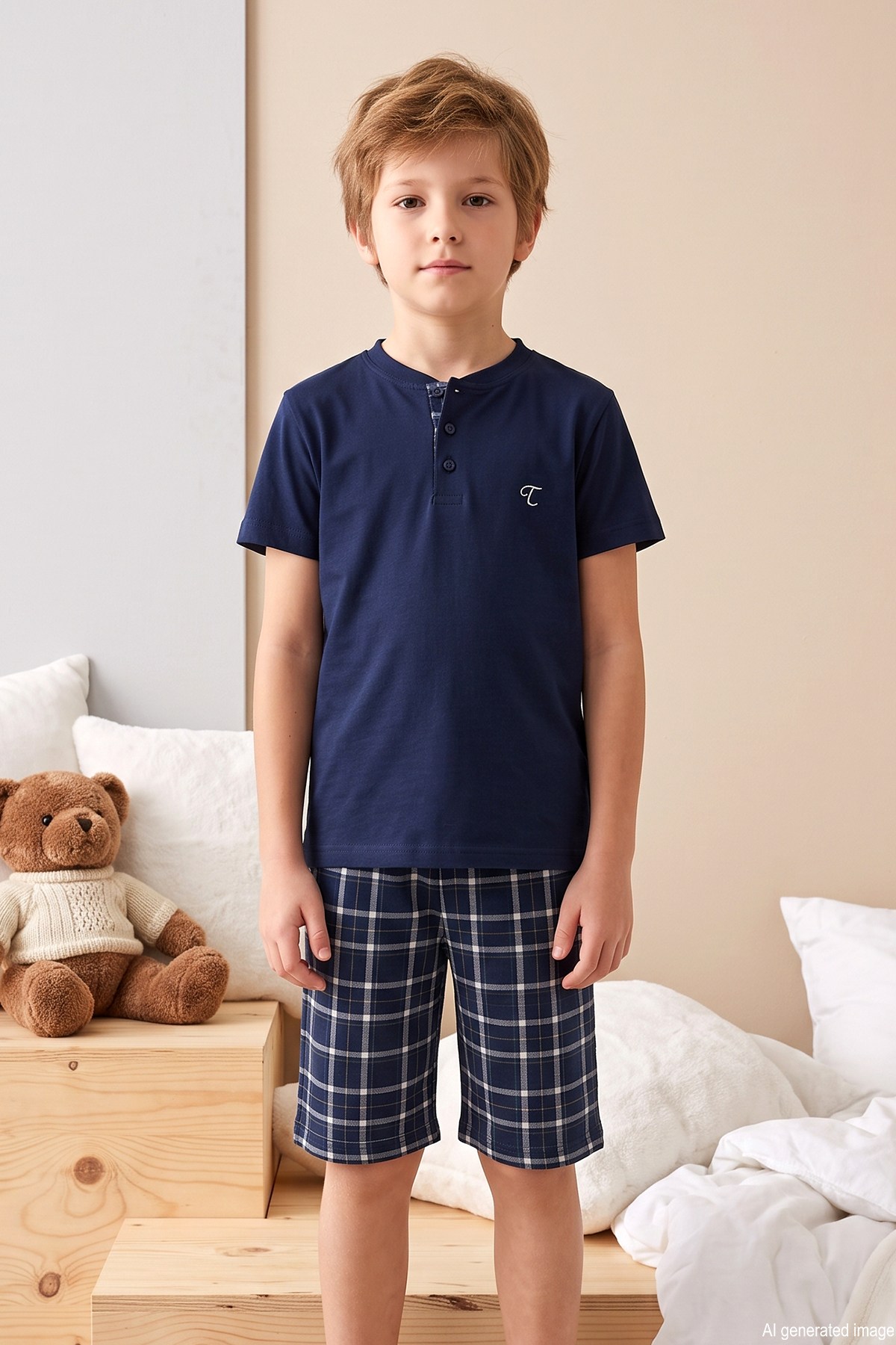 Genç Erkek Çocuk Kısa Kol Şortlu Pijama Takımı 4369 Lacivert01
