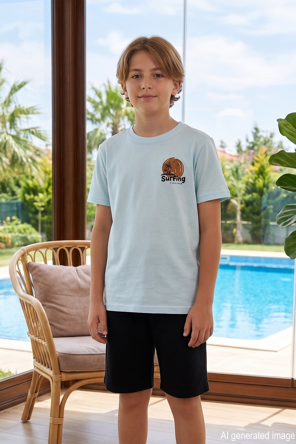 Genç Erkek Çocuk Kısa Kol Şortlu Pijama Takımı 4357 Mint