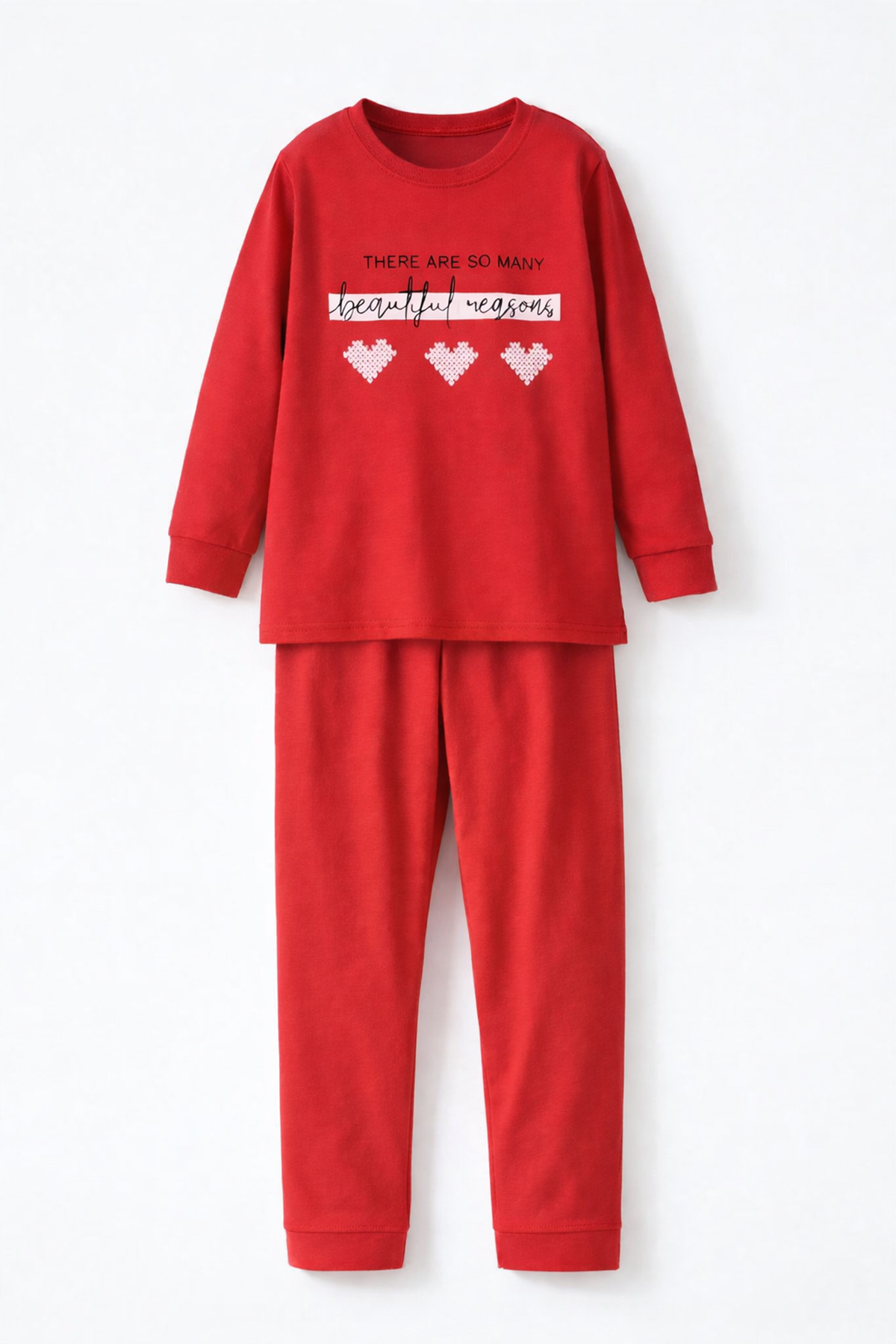 Genç Kız Çocuk Pamuklu Desenli Pijama Takımı 8412 Kırmızı01
