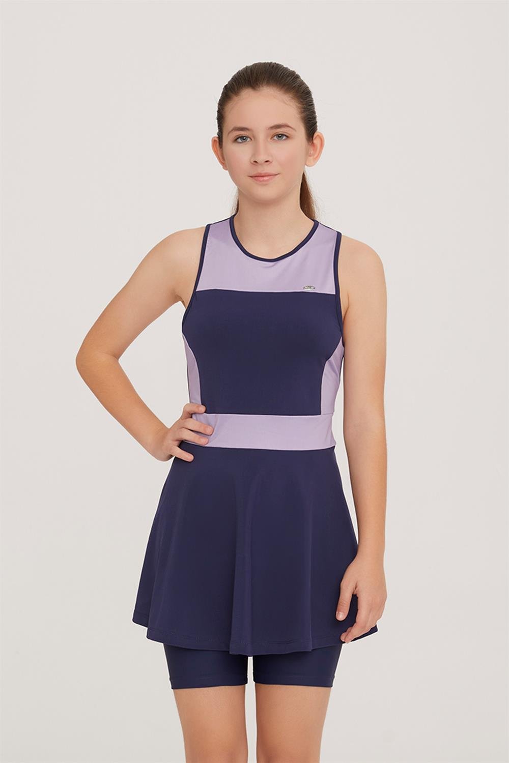 Genç Kolsuz Şortlu Yarı Kapalı Likralı Elbise Tesettür Mayo Nunny 5909 Lila Remsa Mayo