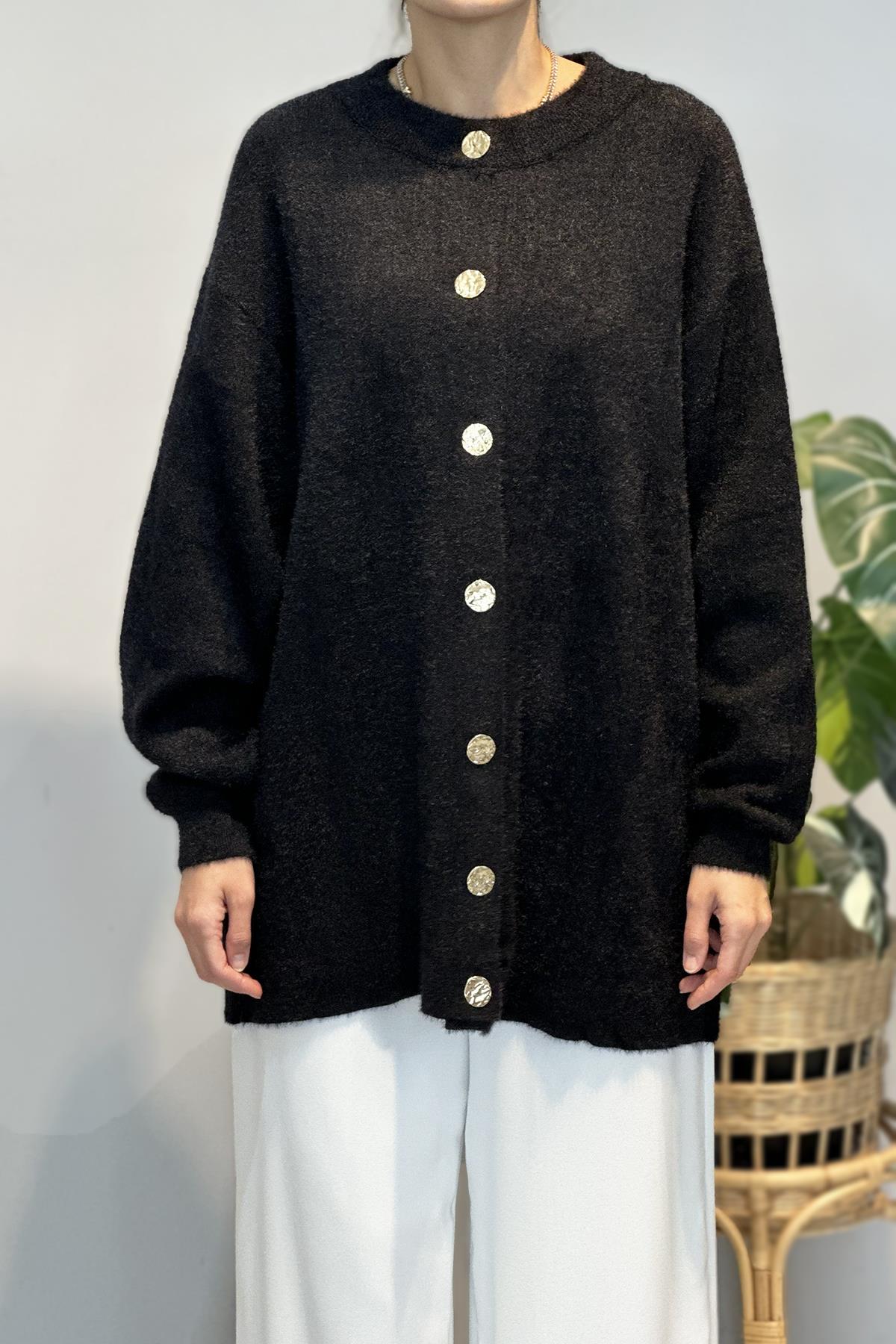 Gold Düğme Detay Hırka 25008 Siyah