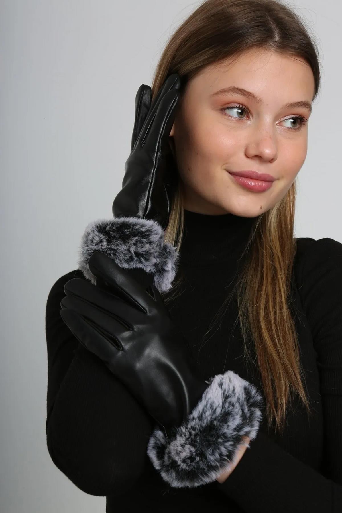 Gri Peluş Detay Kadın Deri Eldiven ELD-19 Siyah