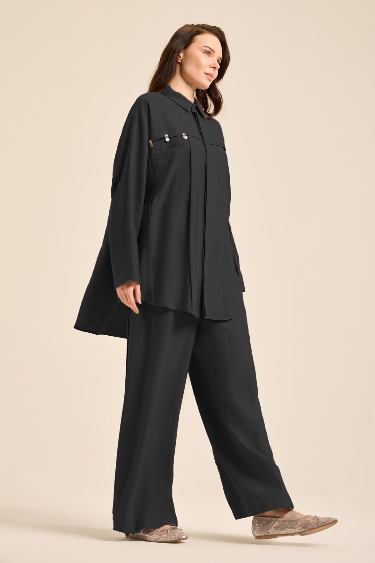 Gümüş Para İşlemeli Üstten Torba Cepli Pantolonlu Takım 5905 Siyah