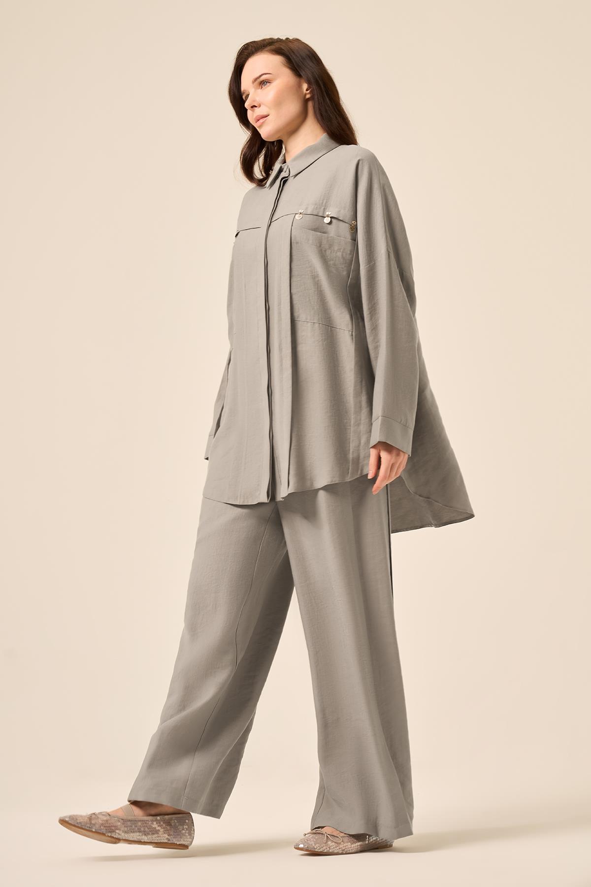 Gümüş Para İşlemeli Üstten Torba Cepli Pantolonlu Pasion Takım 5905 Gri