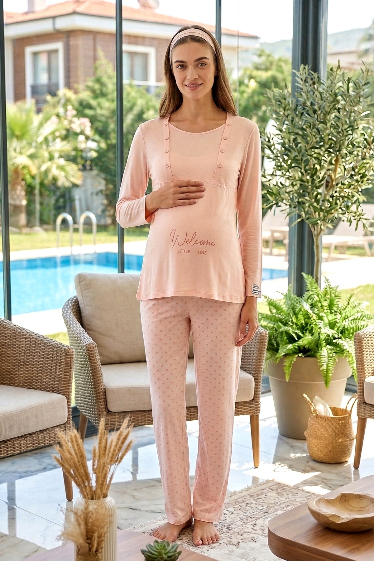 Hamile Kadın Modal Kumaş Uzun Kol Lohusa Pijama Takımı 3322 Pudra