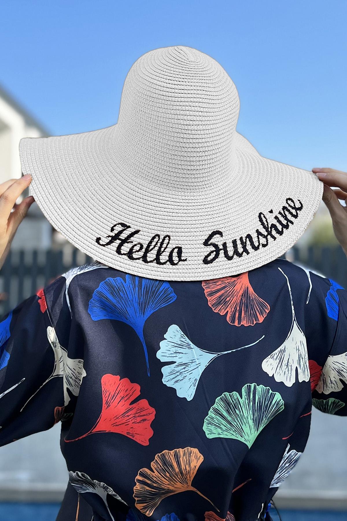 Hello Sunshine Yazılı Hasır Şapka Beyaz RŞ-22