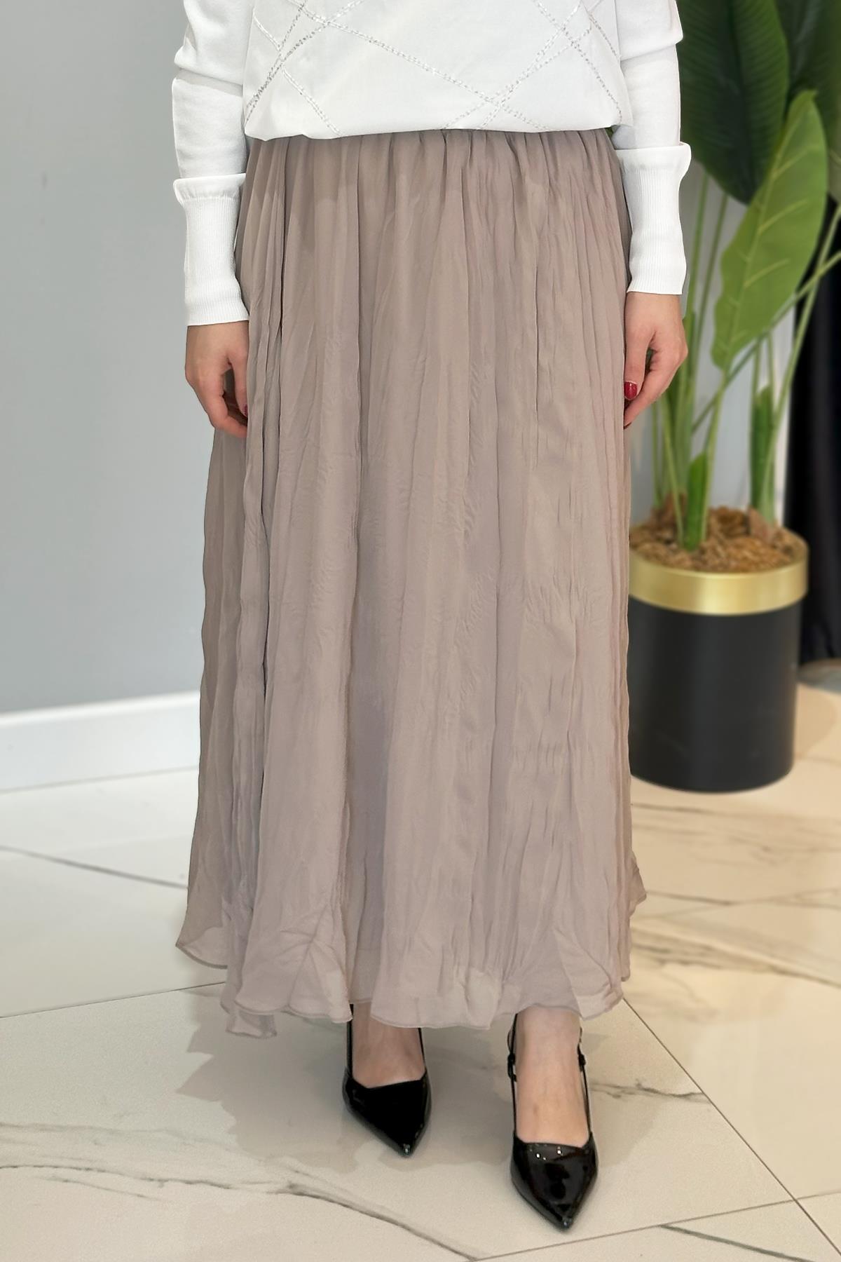 İçi Sandy Şifon Kraşlı Beli Lastikli Etek 5638 Bej