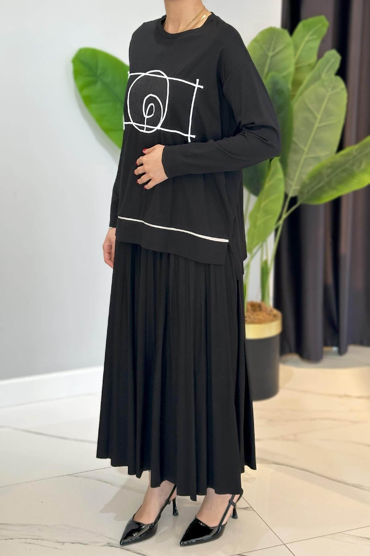 İp Daire Detay Bambu Piliseli Etekli Takım 5930 Siyah