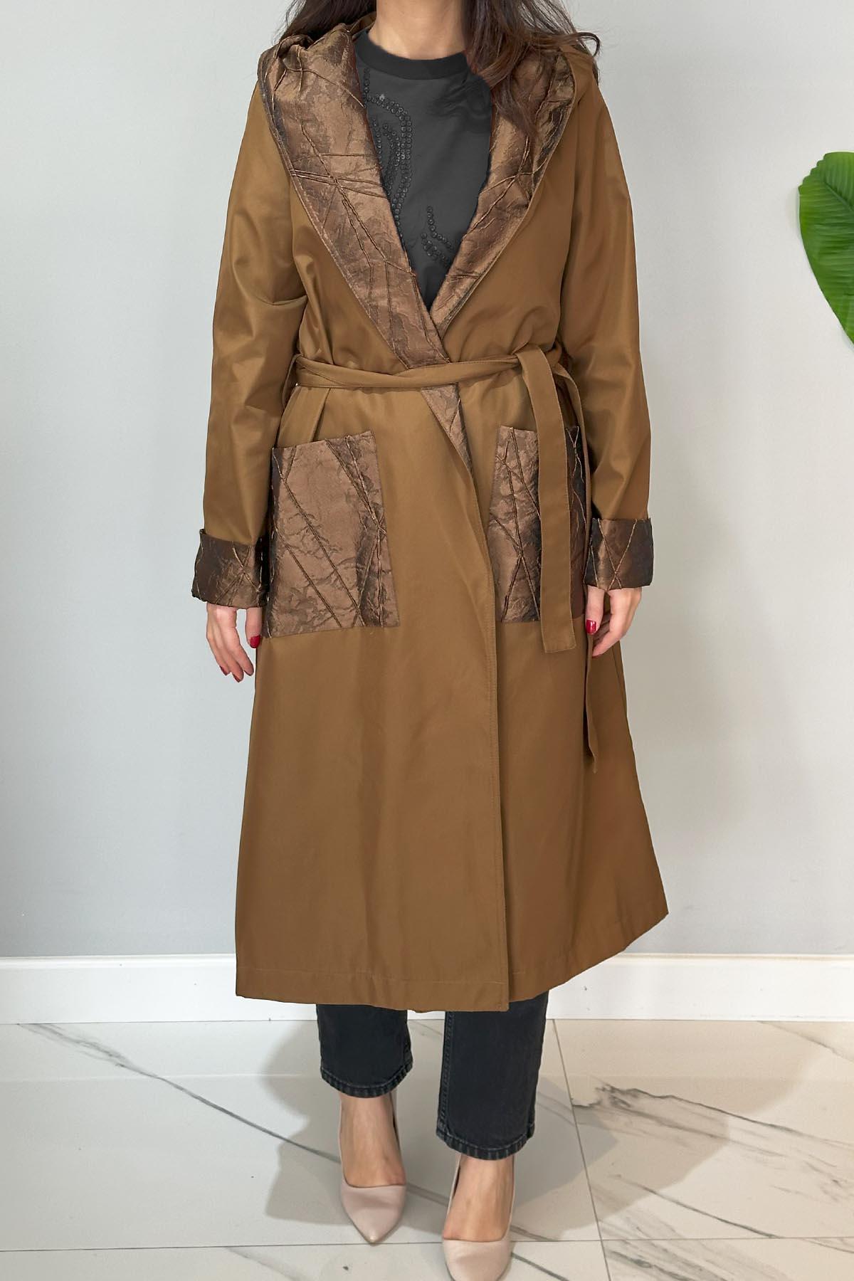 Jakarlı Kapüşonlu Kap Ceket 17815 Taba