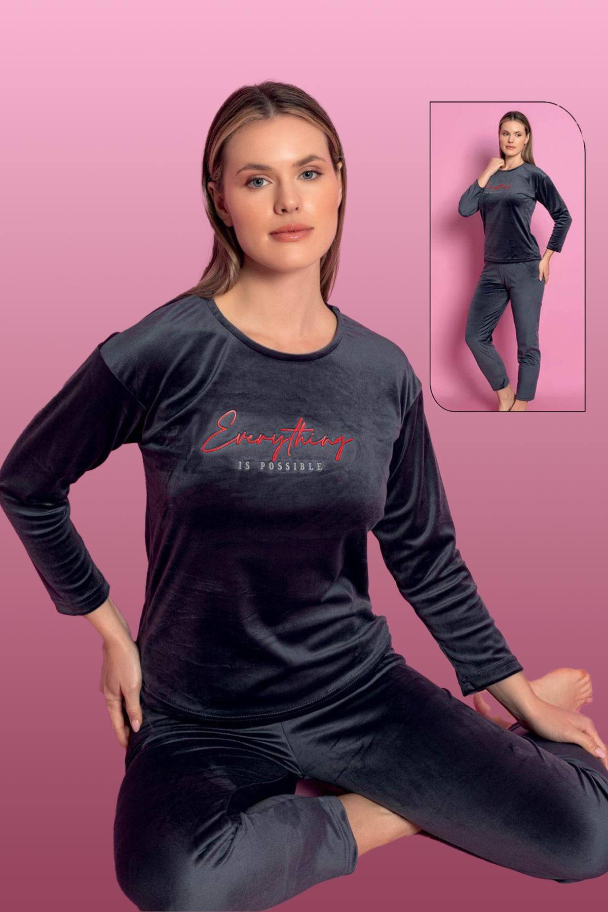 Kadife Kadın Pijama Takımı 25500-62 Füme