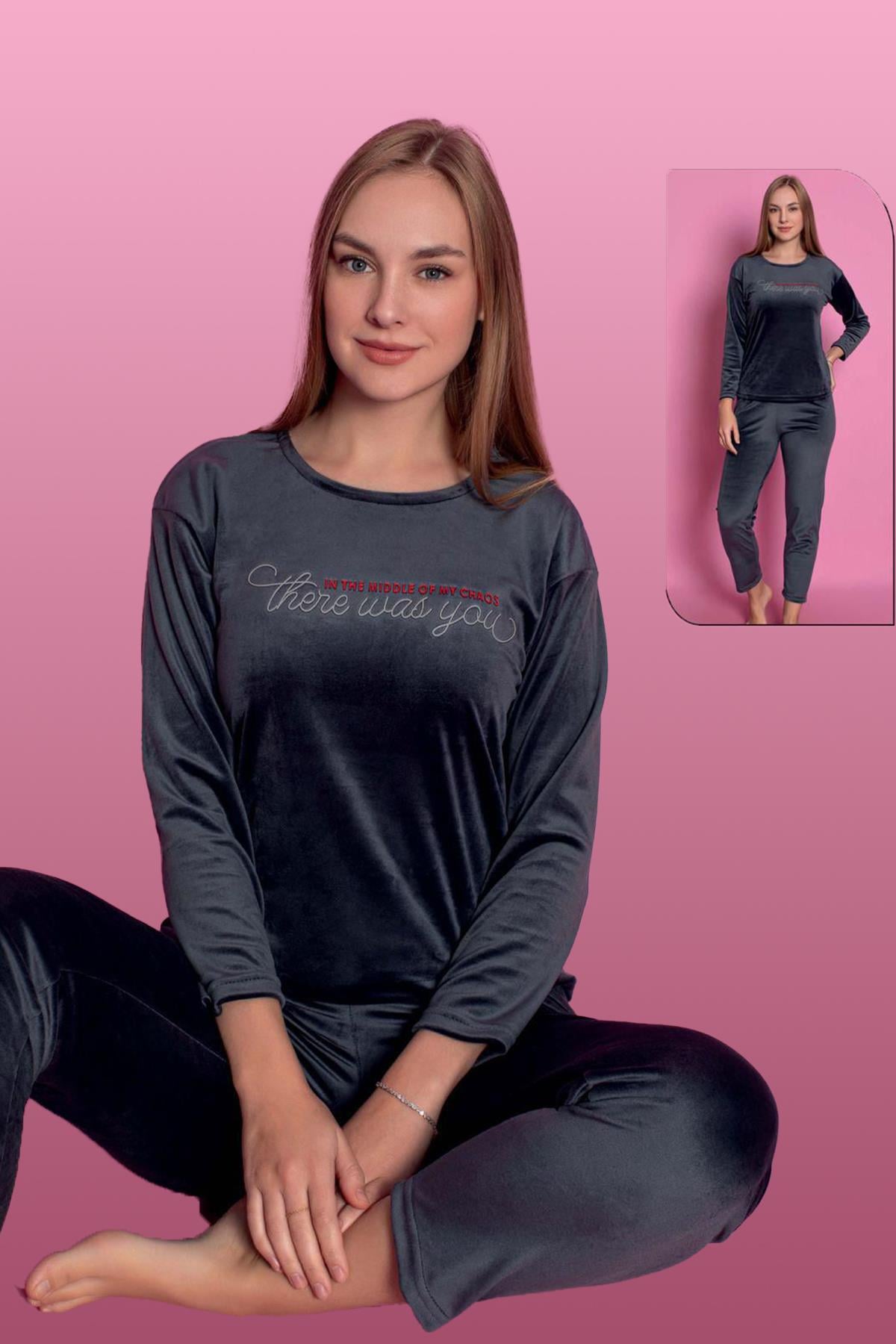Kadife Kadın Pijama Takımı 25500-75 Antrasit