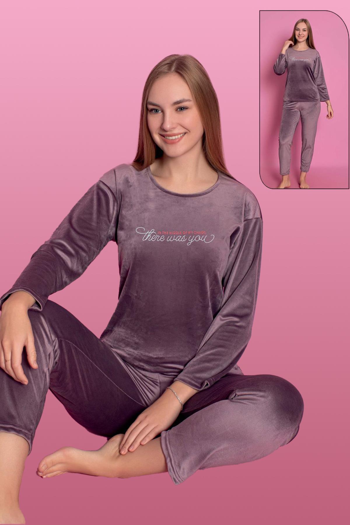 Kadife Kadın Pijama Takımı 25500-83 Mürdüm