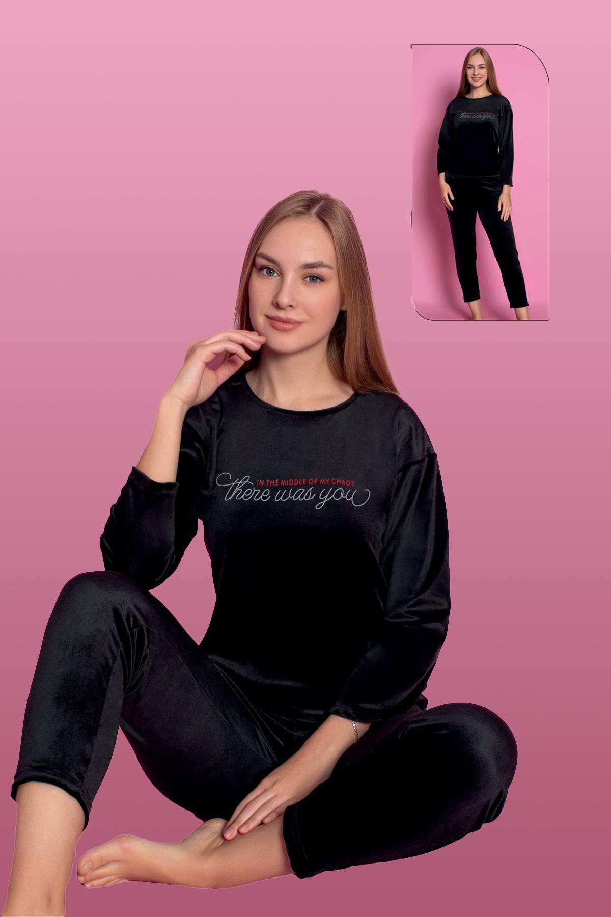 Kadife Kadın Pijama Takımı 25500-94 Siyah